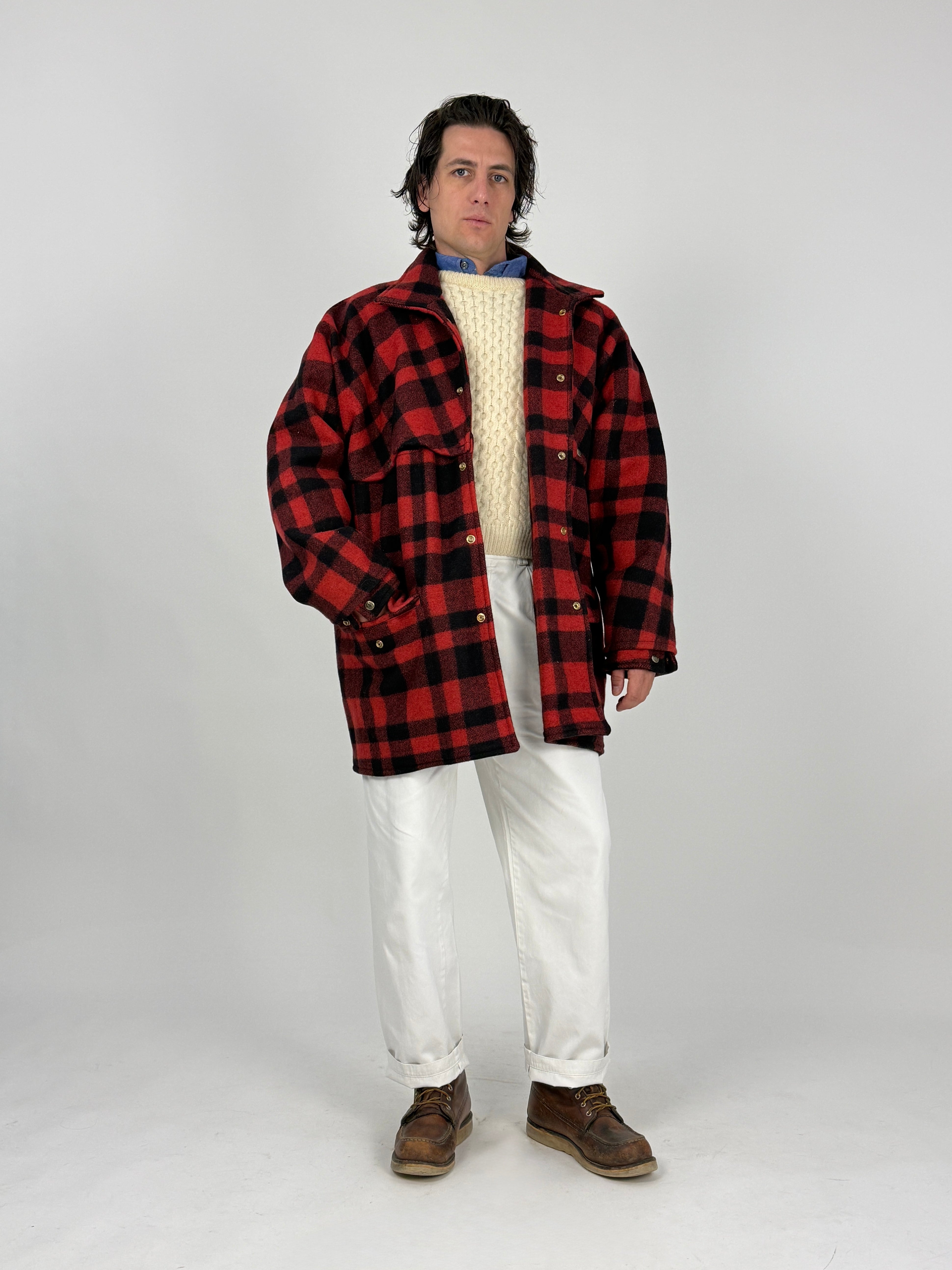 Giacca Lana Vintage Pioneer Sportswear Mackinaw Buffalo Check - vista laterale con fit oversize Cruiser e ampie tasche frontali a soffietto