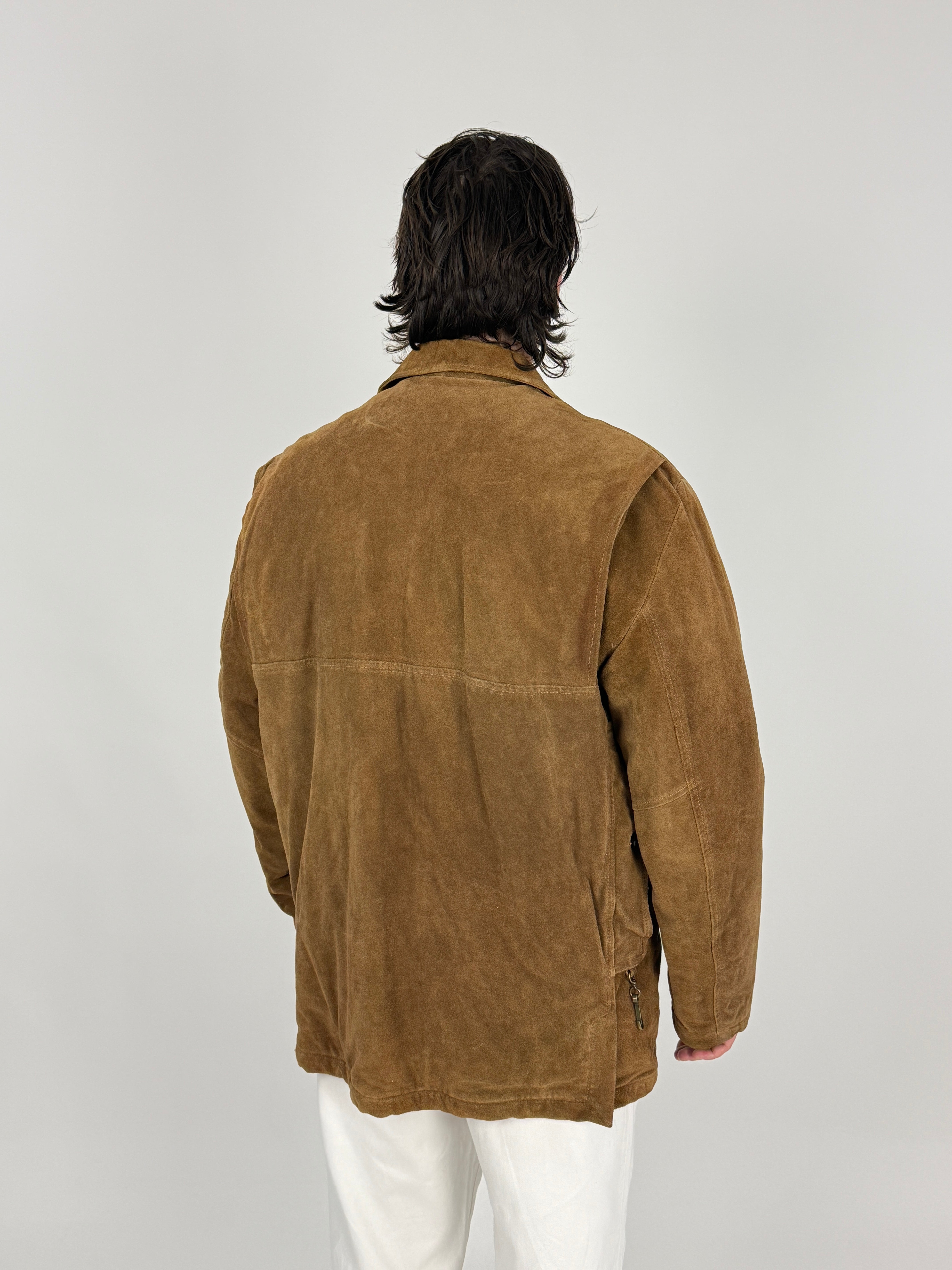 Giacca Pelle Scamosciata Vintage Stewart Original - vista posteriore con pannello dorsale in scamosciata marrone nocciola e costruzione field jacket