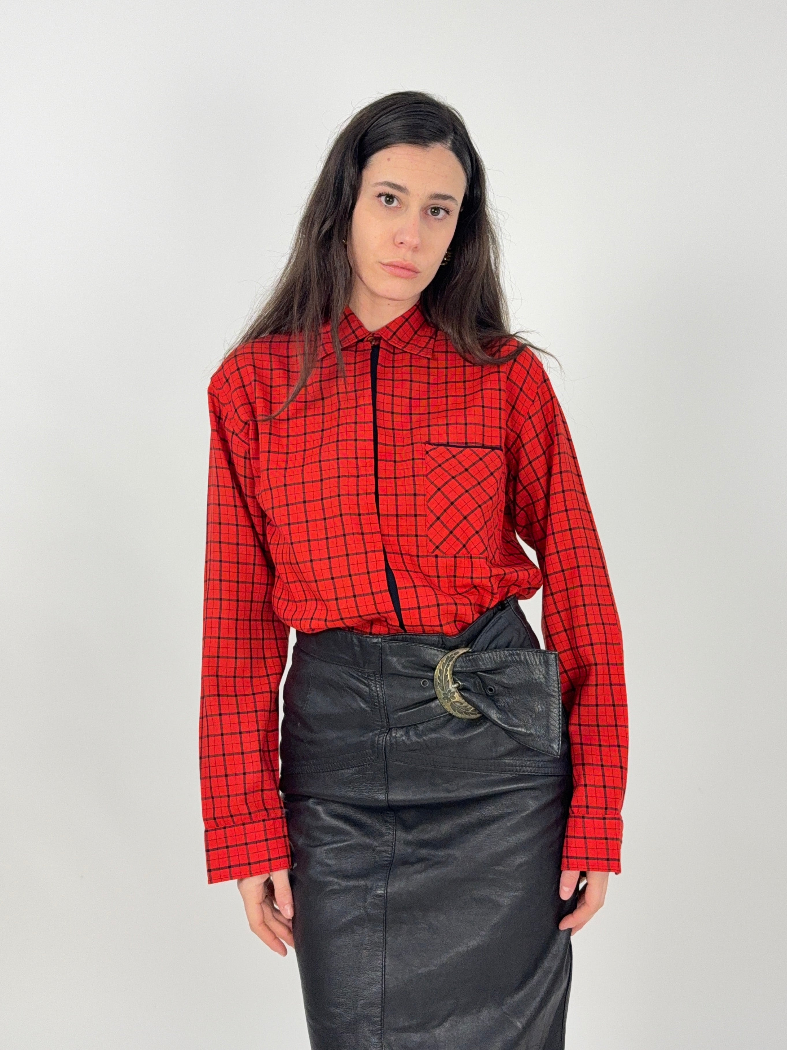 Camicia anni '70 in cotone a quadri rosso e nero