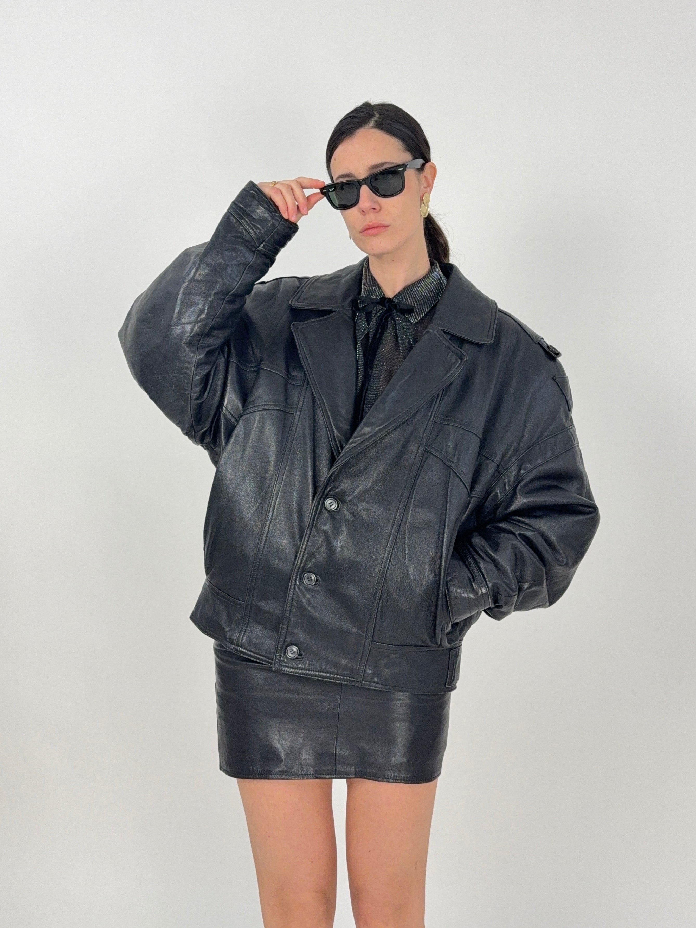 Bomber in pelle nera anni '80