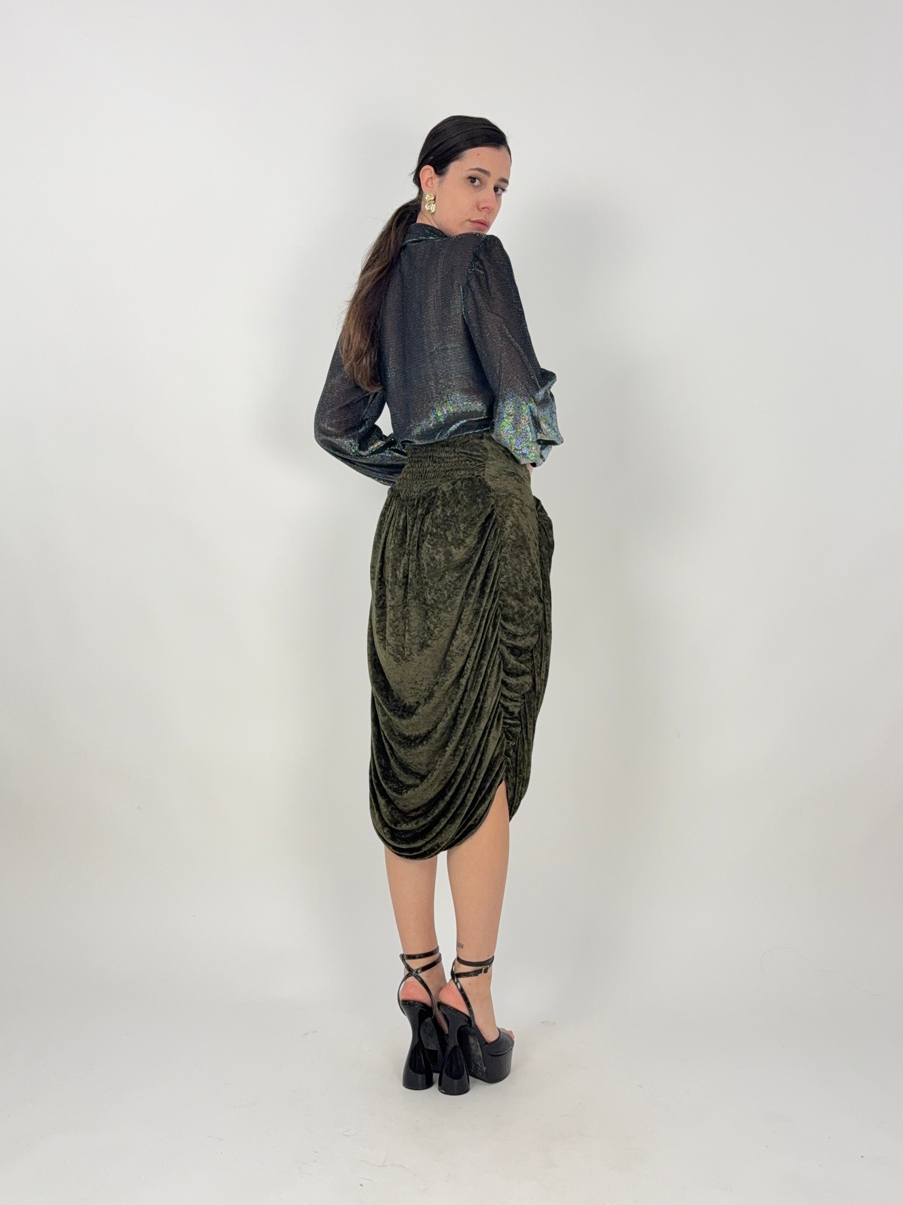 Gonna vintage in velluto verde drappeggiata