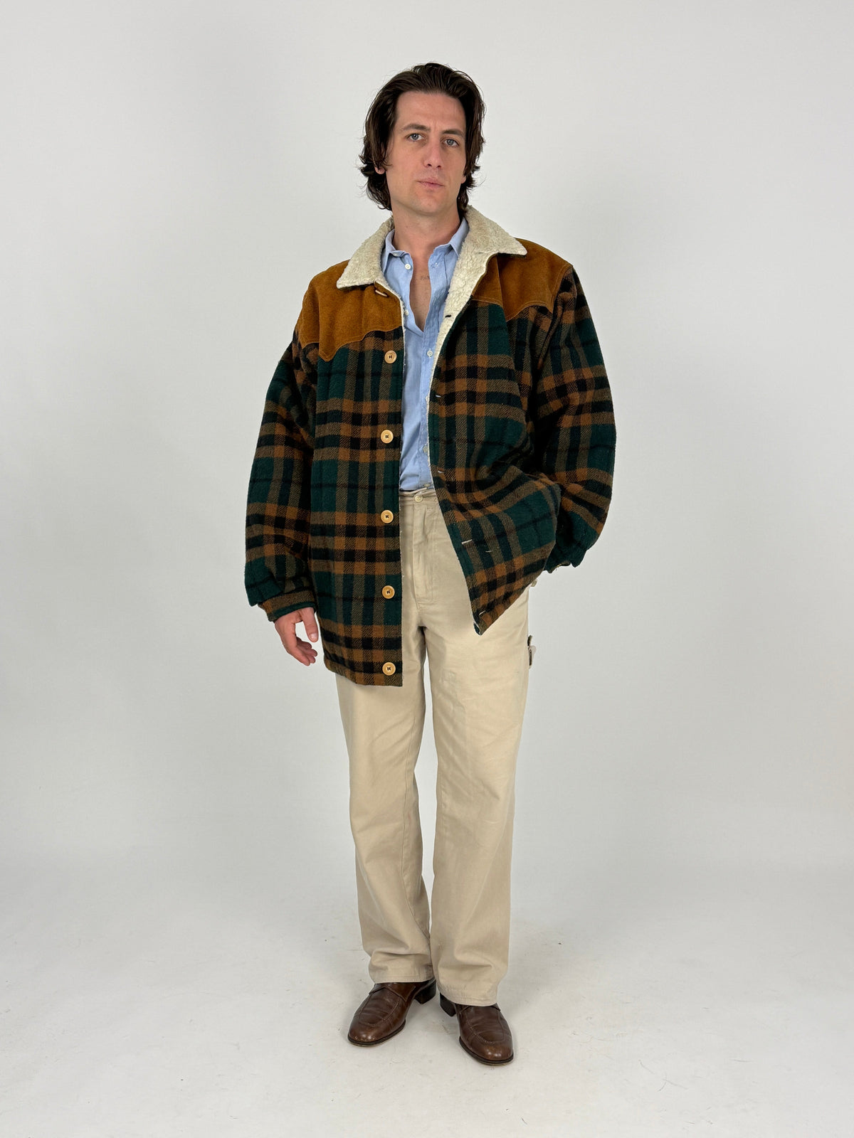 Giacca Levi’s Western Sherpa a Quadri Primi anni '80 in Lana e Camoscio - Taglia L