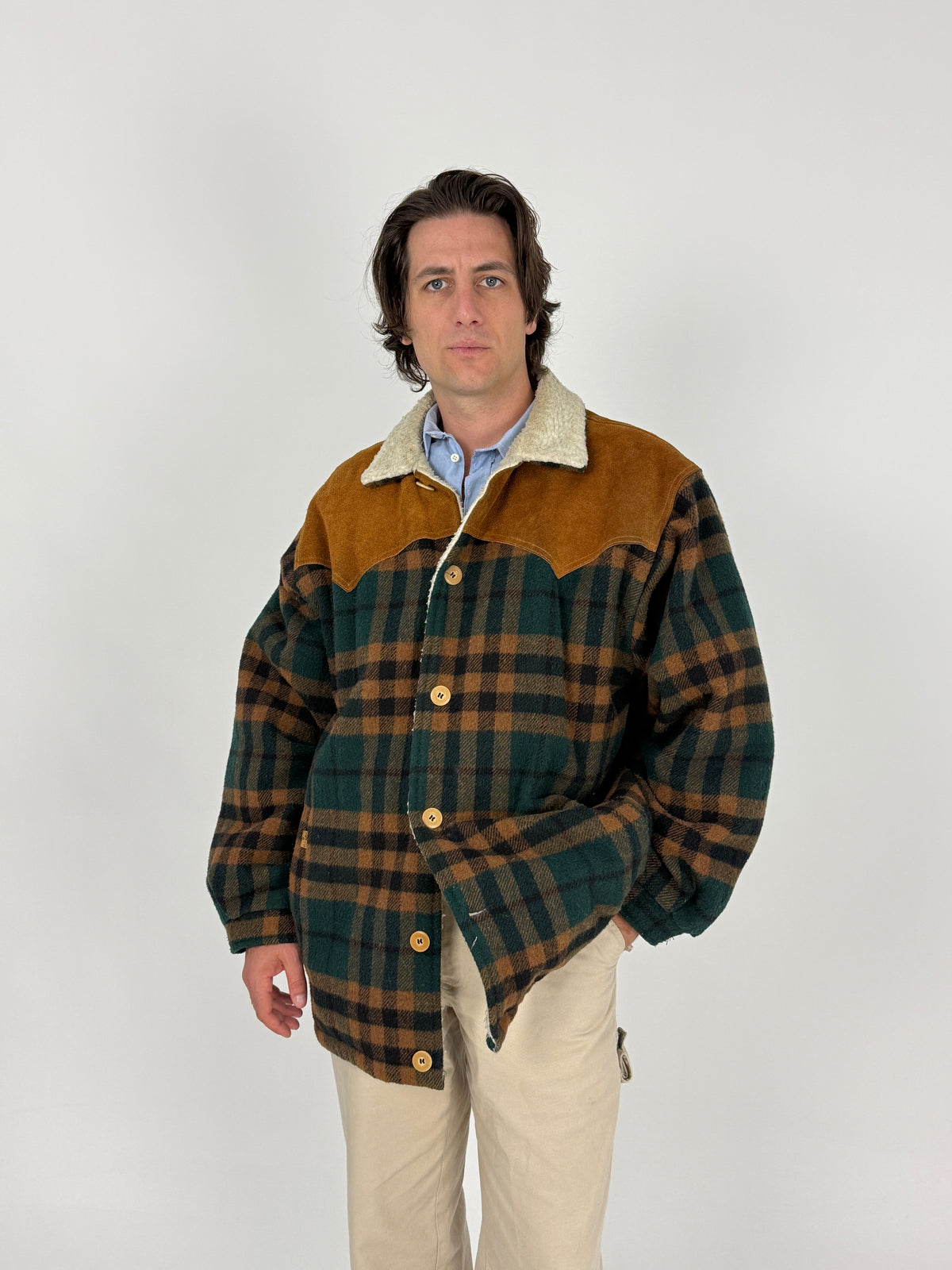 Giacca Levi’s Western Sherpa a Quadri Primi anni '80 in Lana e Camoscio - Taglia L