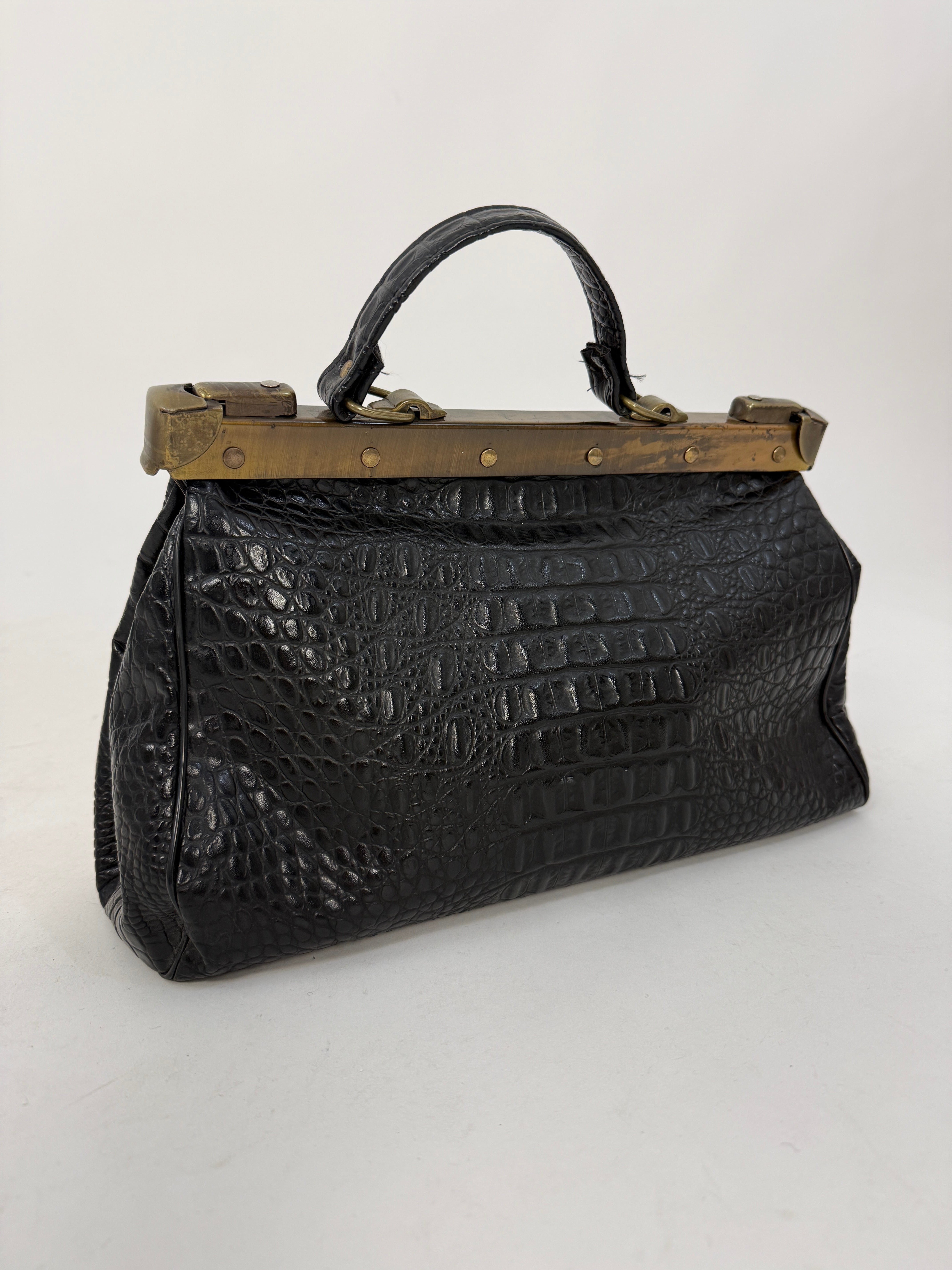 Borsa Vintage in ecopelle effetto coccodrillo – Doctor Bag con chiusura in ottone