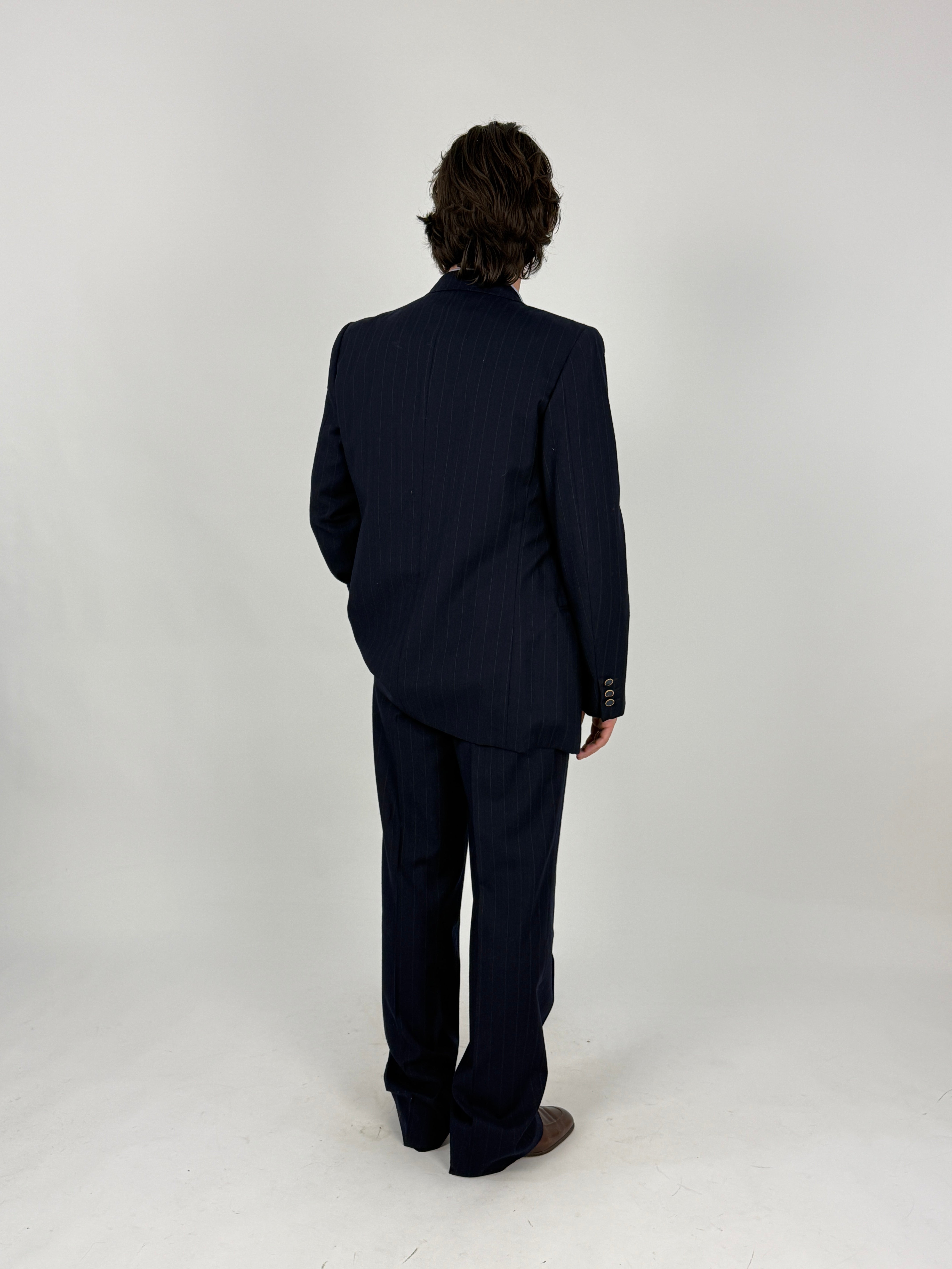 Blazer doppiopetto gessato navy vintage - retro intero indossato