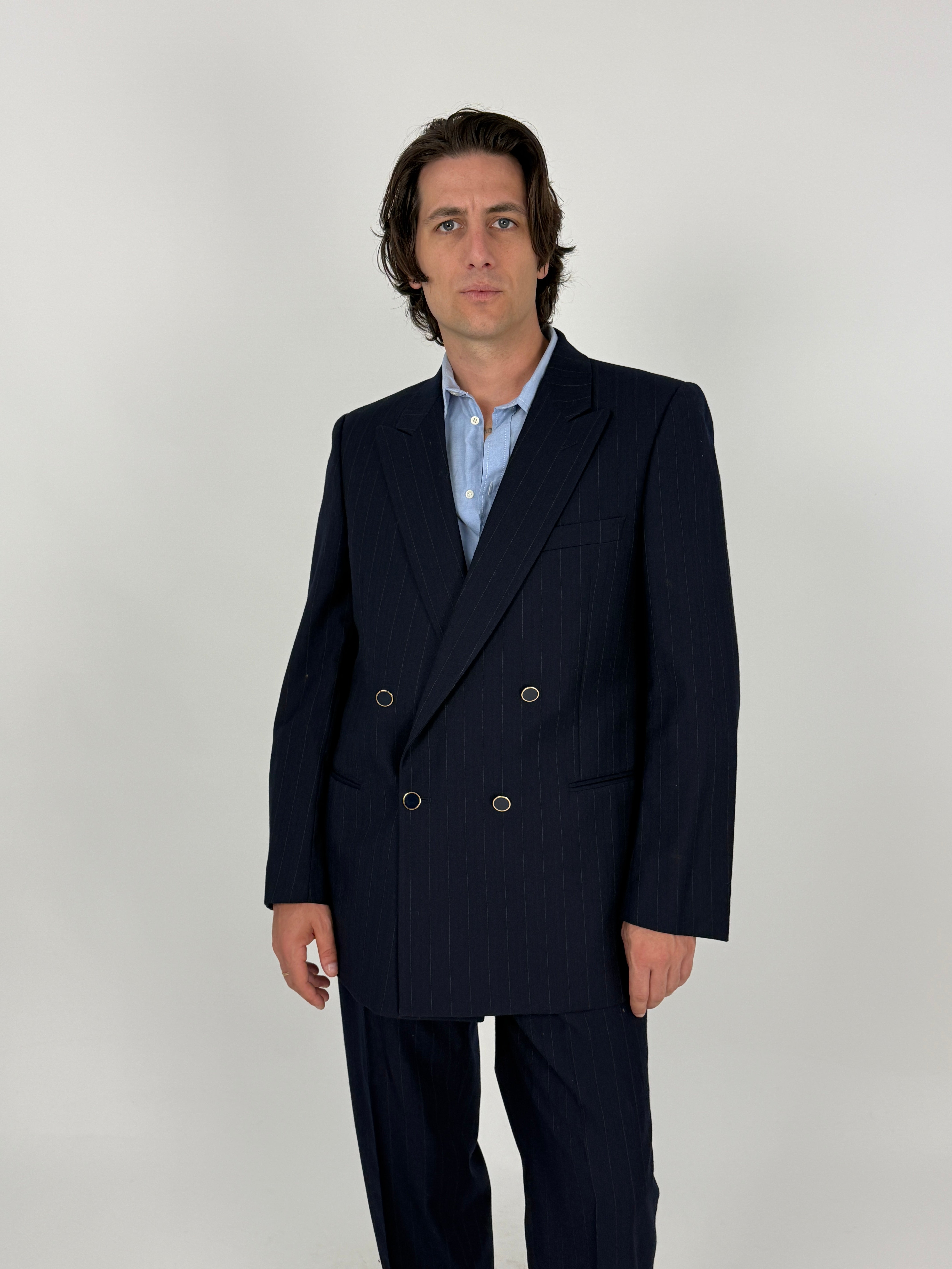 Blazer doppiopetto gessato navy vintage - fronte chiuso dettaglio bottoni