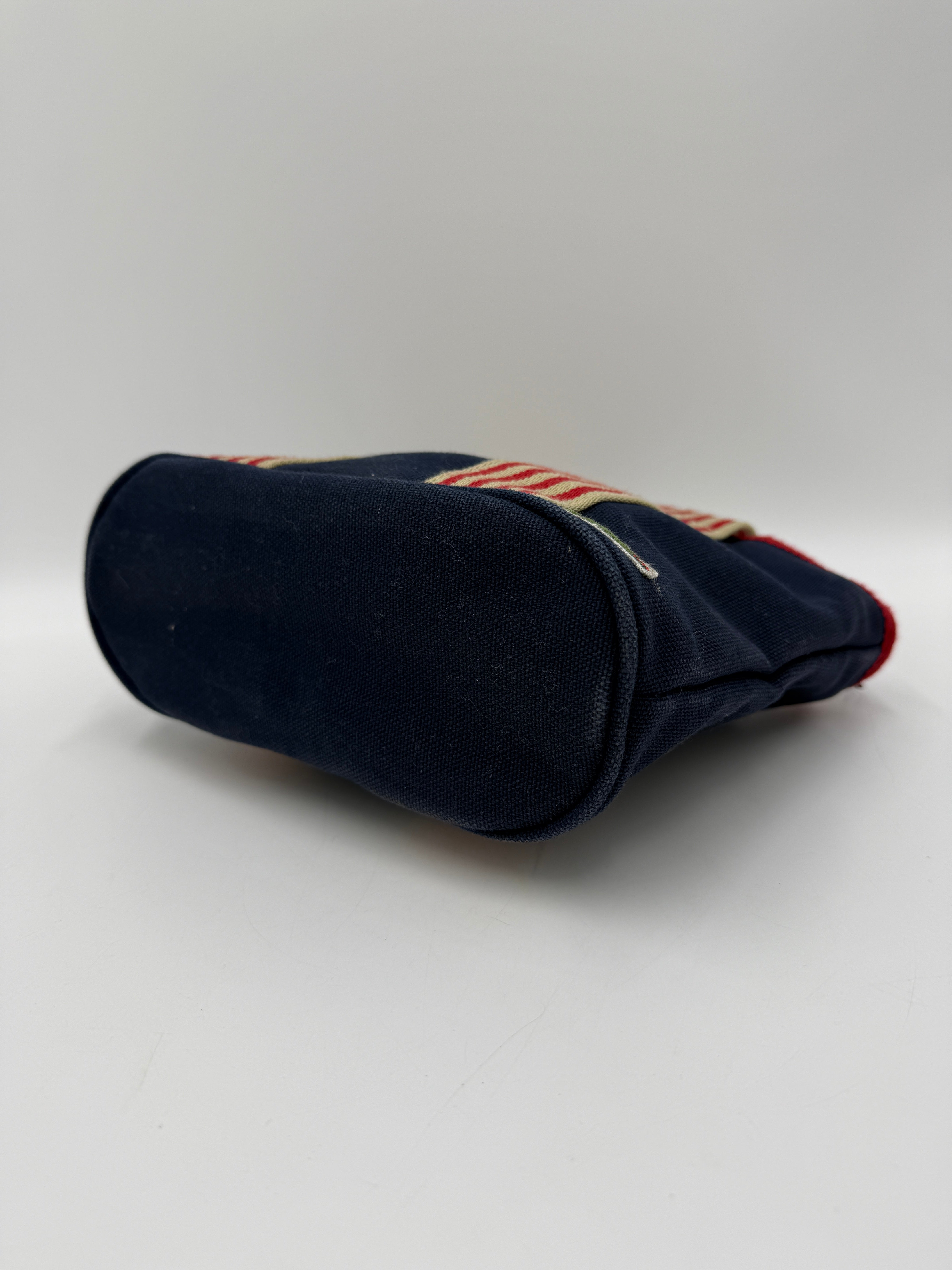 Borsa a Mano Lacoste Vintage in Tela Canvas Blu Navy e Righe Rosse