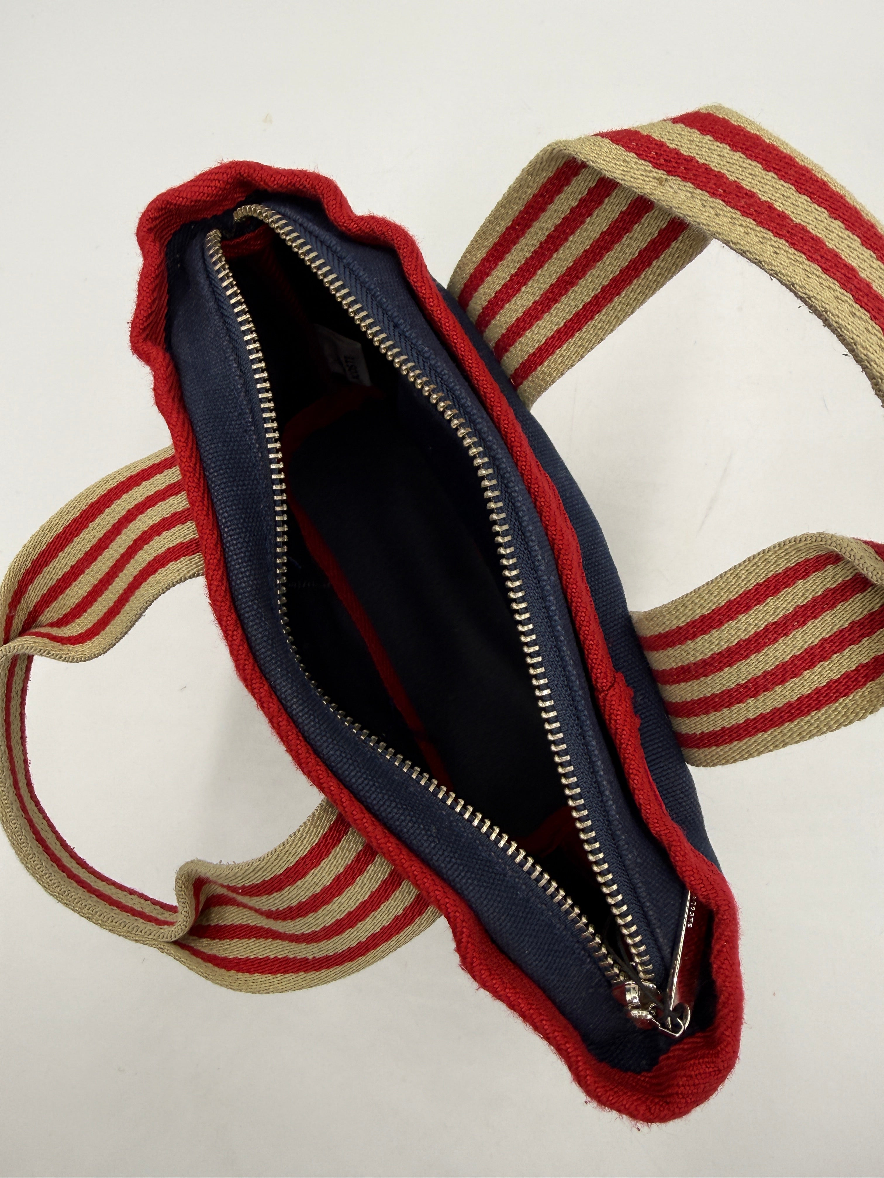 Borsa a Mano Lacoste Vintage in Tela Canvas Blu Navy e Righe Rosse