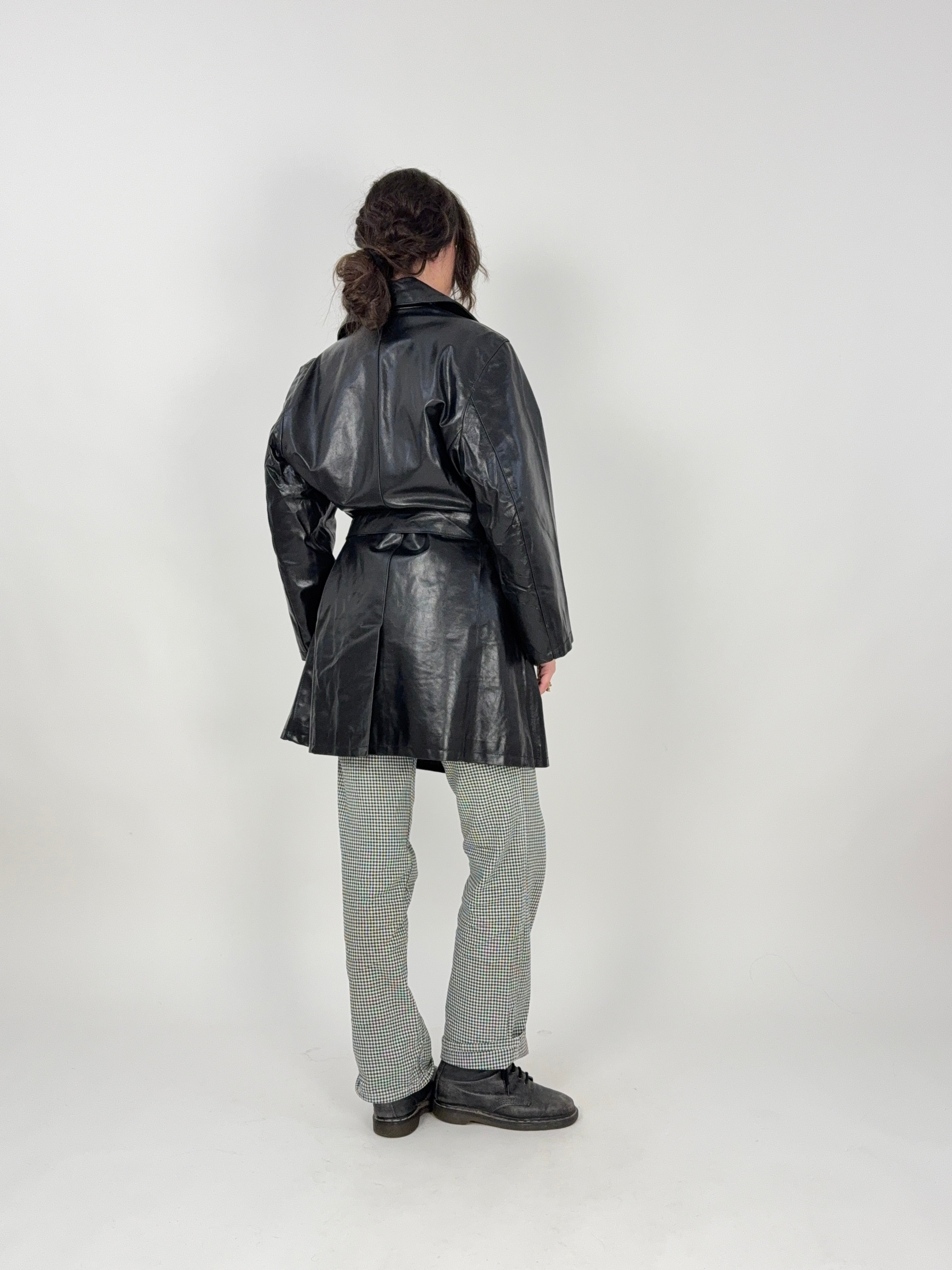 Giacca lunga in pelle nera primi anni '80