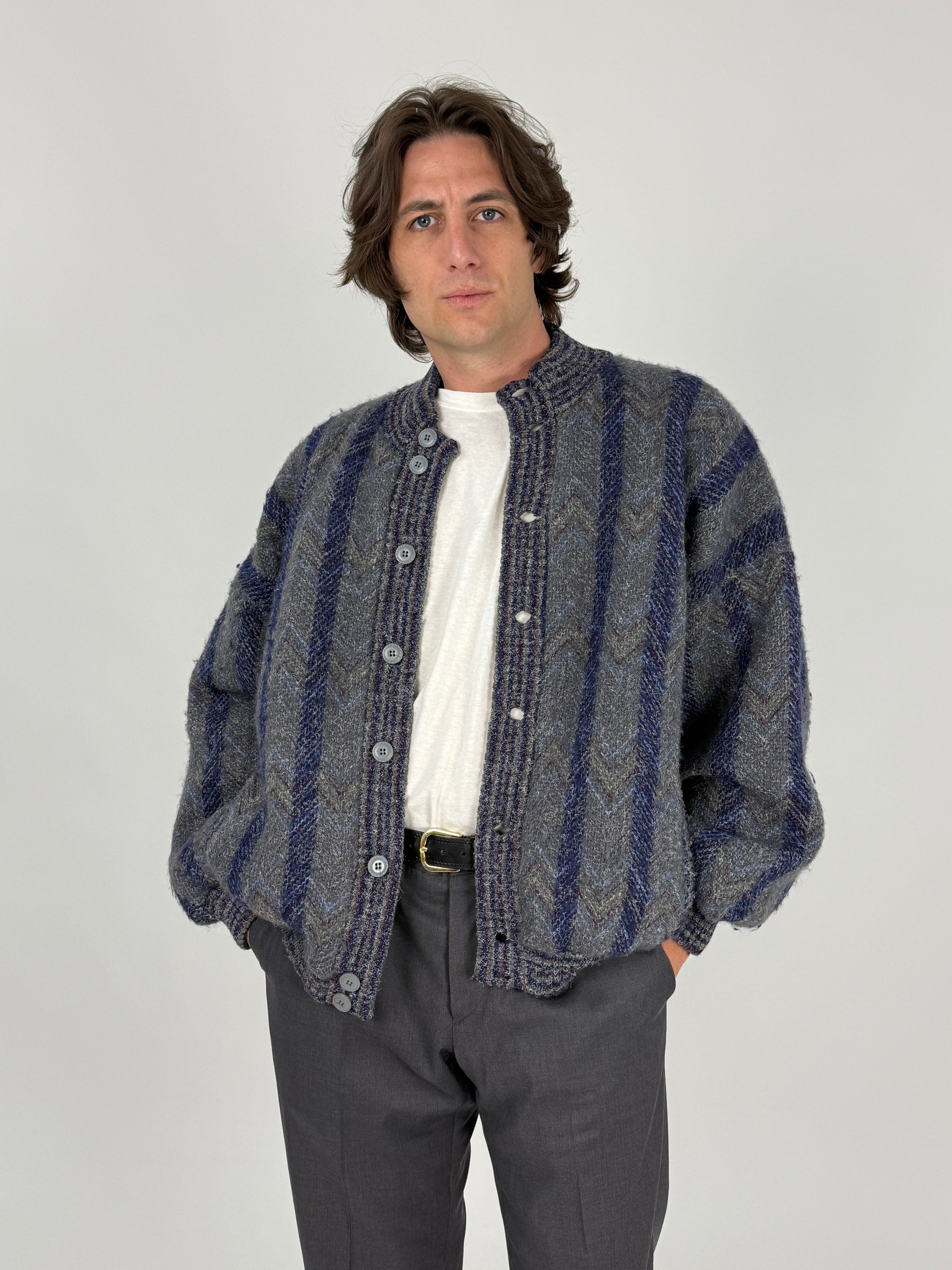 Cagi cardigan giacca lana vintage - fronte dettaglio bottoni e collo coreano taglia L