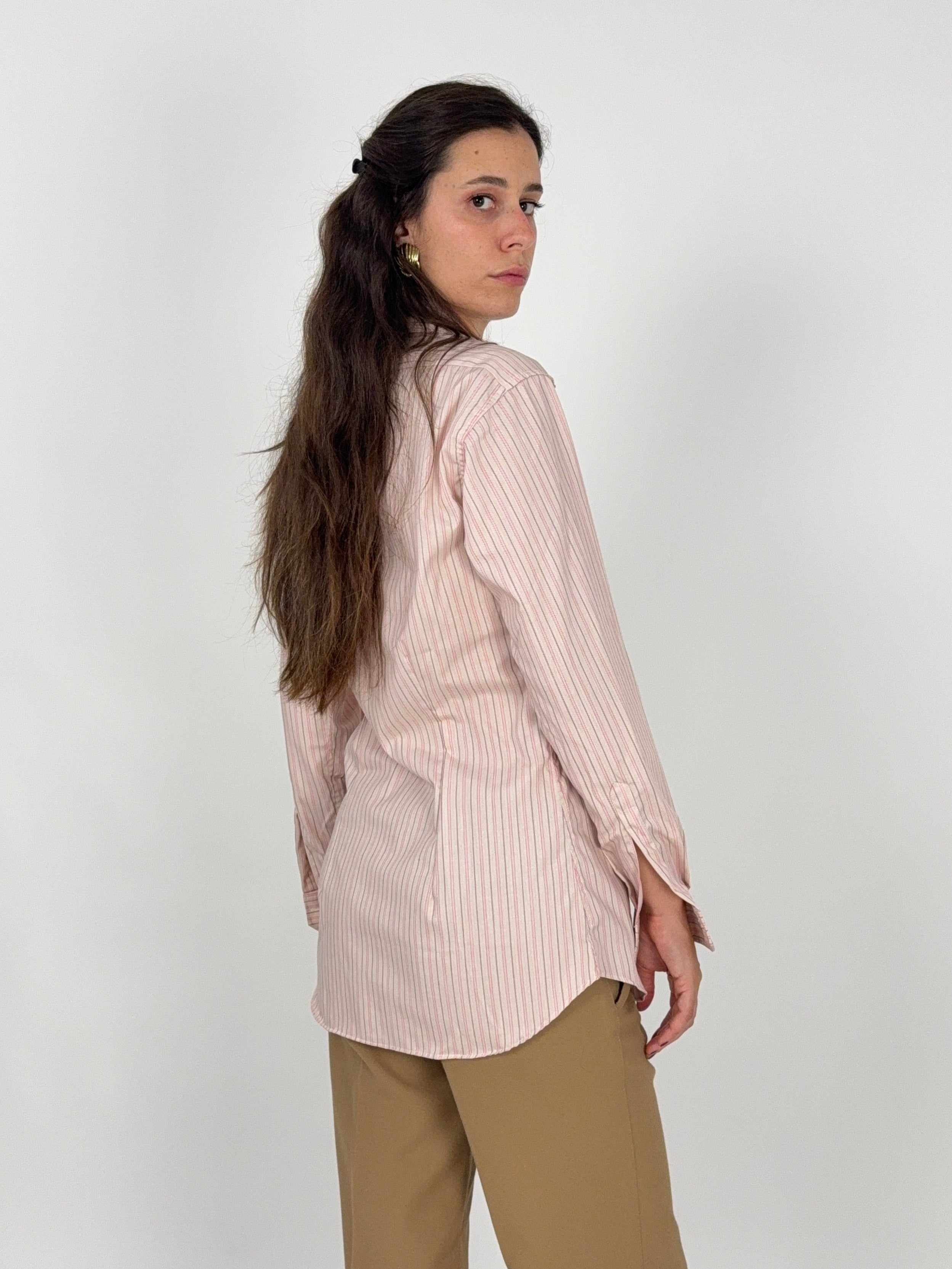 Aramis camicia righe rosa bordeaux vintage anni 70 - retro tre quarti indossato donna taglia L