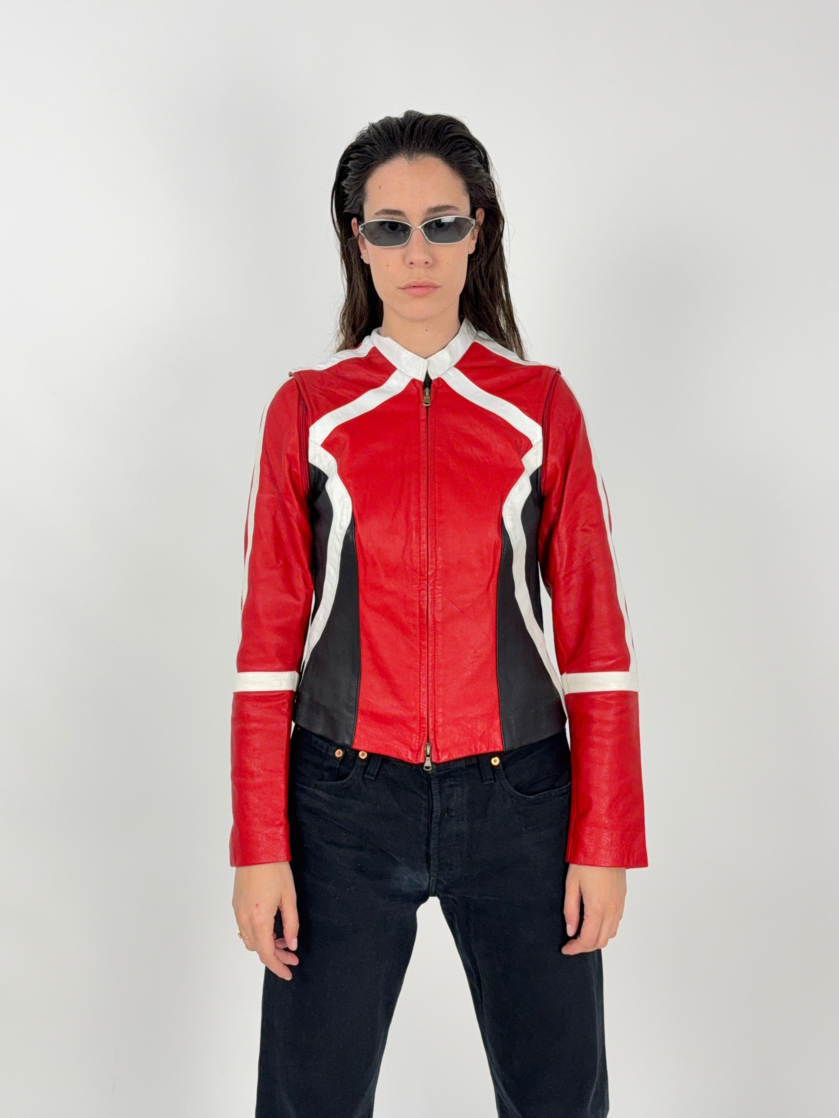 Giacca Moto Racing in Pelle con Maniche Removibili - Taglia M