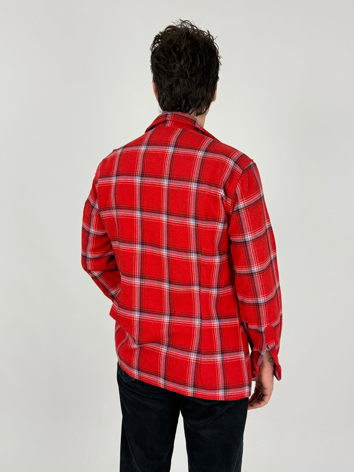 Carlo Mauri camicia flanella lana tartan rosso vintage anni 70 - tre quarti fronte indossato taglia M