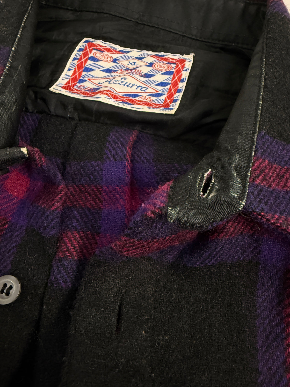 Azzurro camicia flanella lana tartan viola nero vintage anni 60 - retro indossato taglia XL