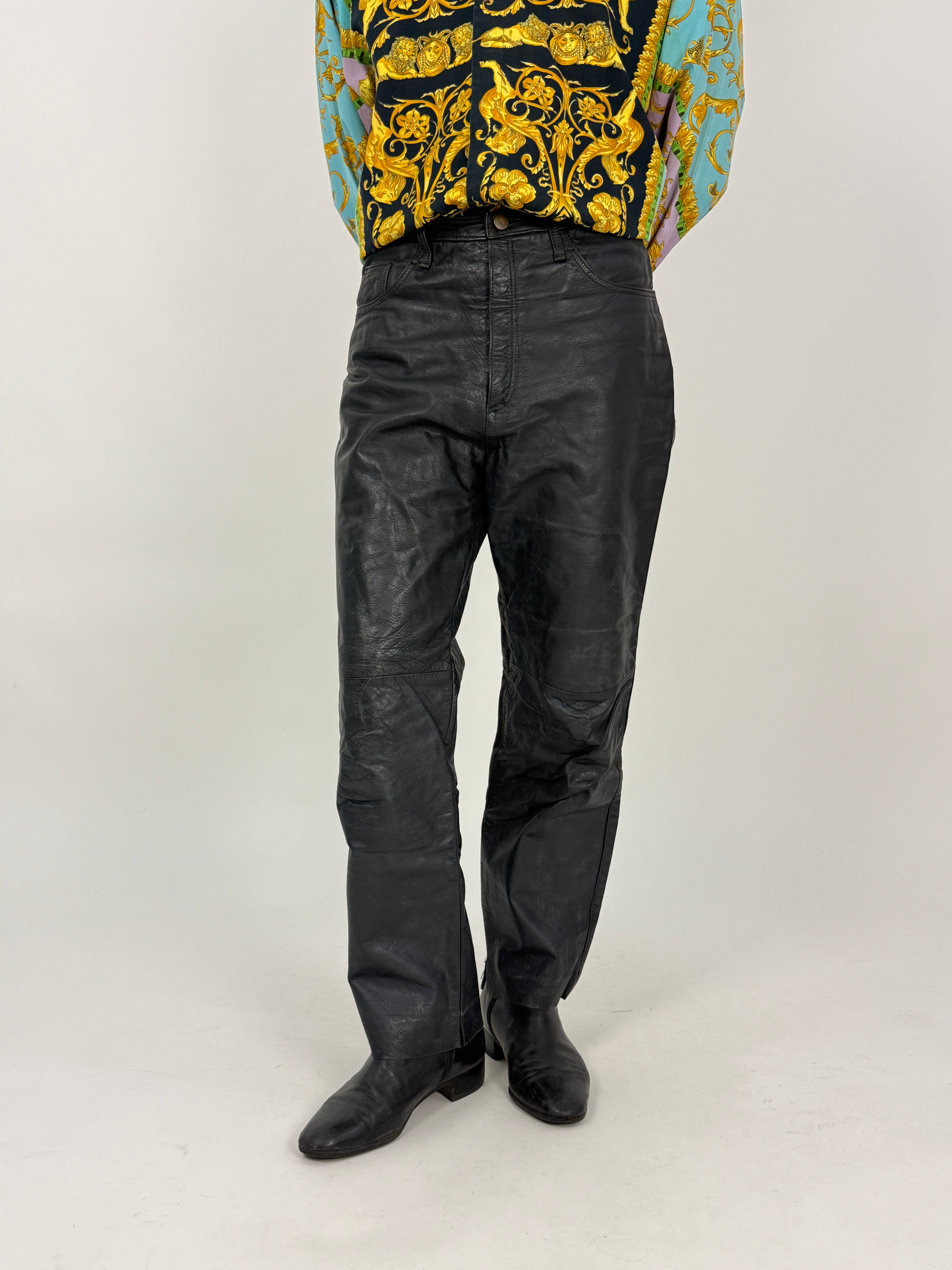 pantaloni neri in pelle anni '80 taglia 48