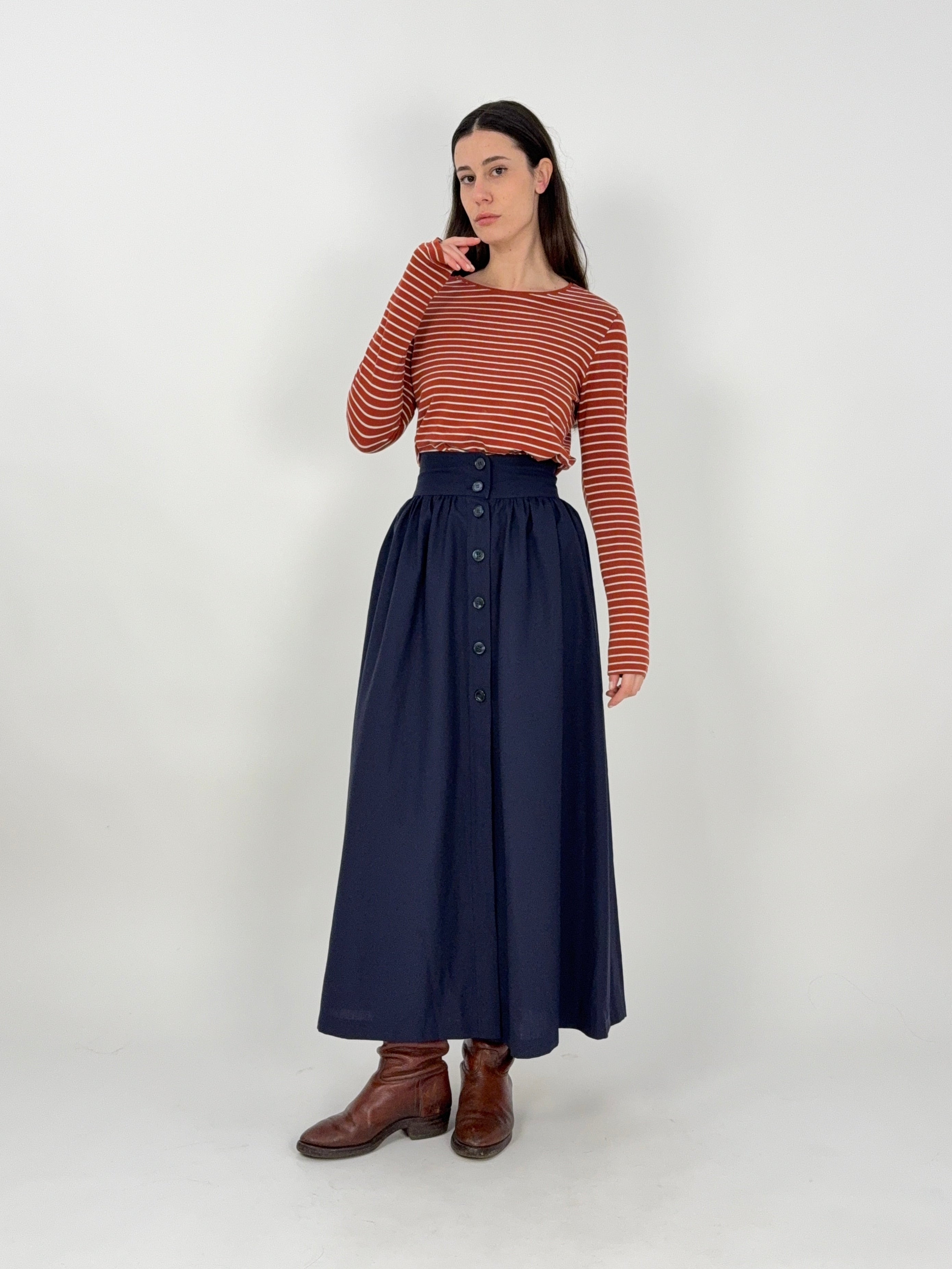 gonna-lunga-a-ruota-sartoriale-vintage-blu-con-bottoni-frontali