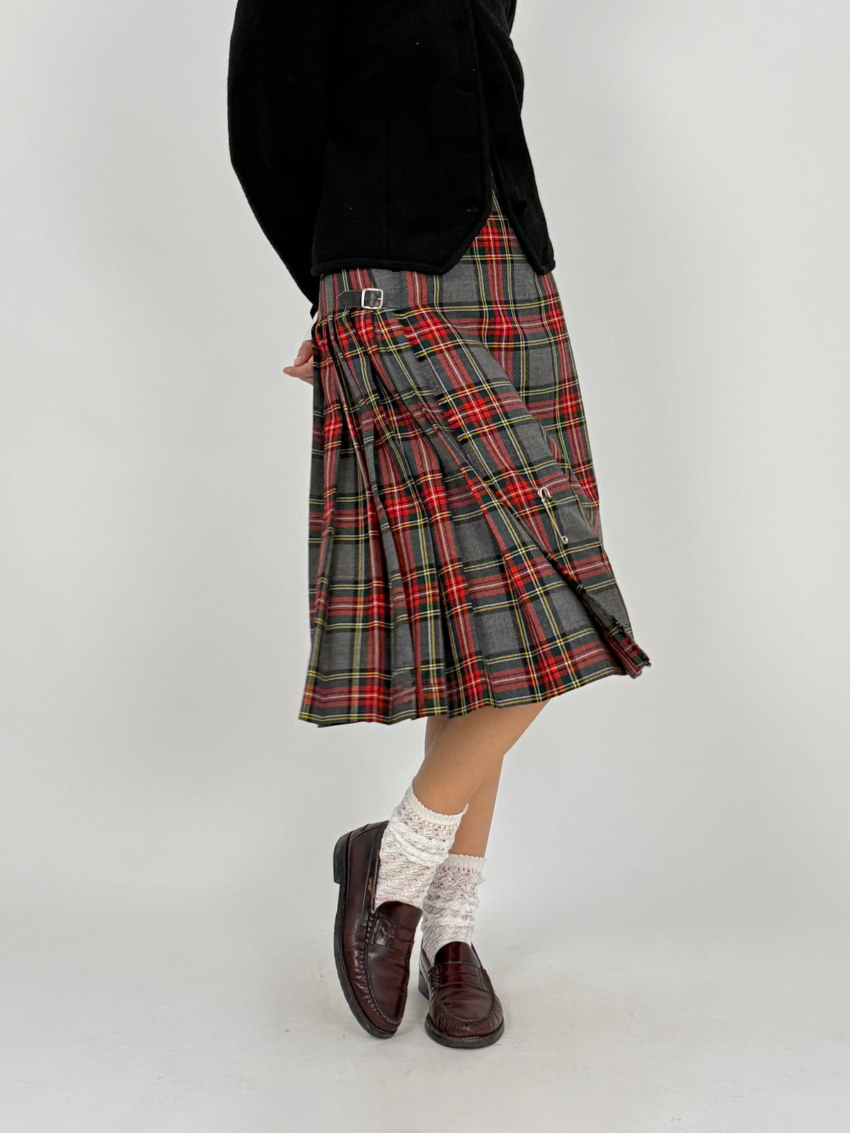 Gonna kilt Ritzino lana tartan grigio rosso hand pleated Scotland vintage taglia 42 - retro indossato