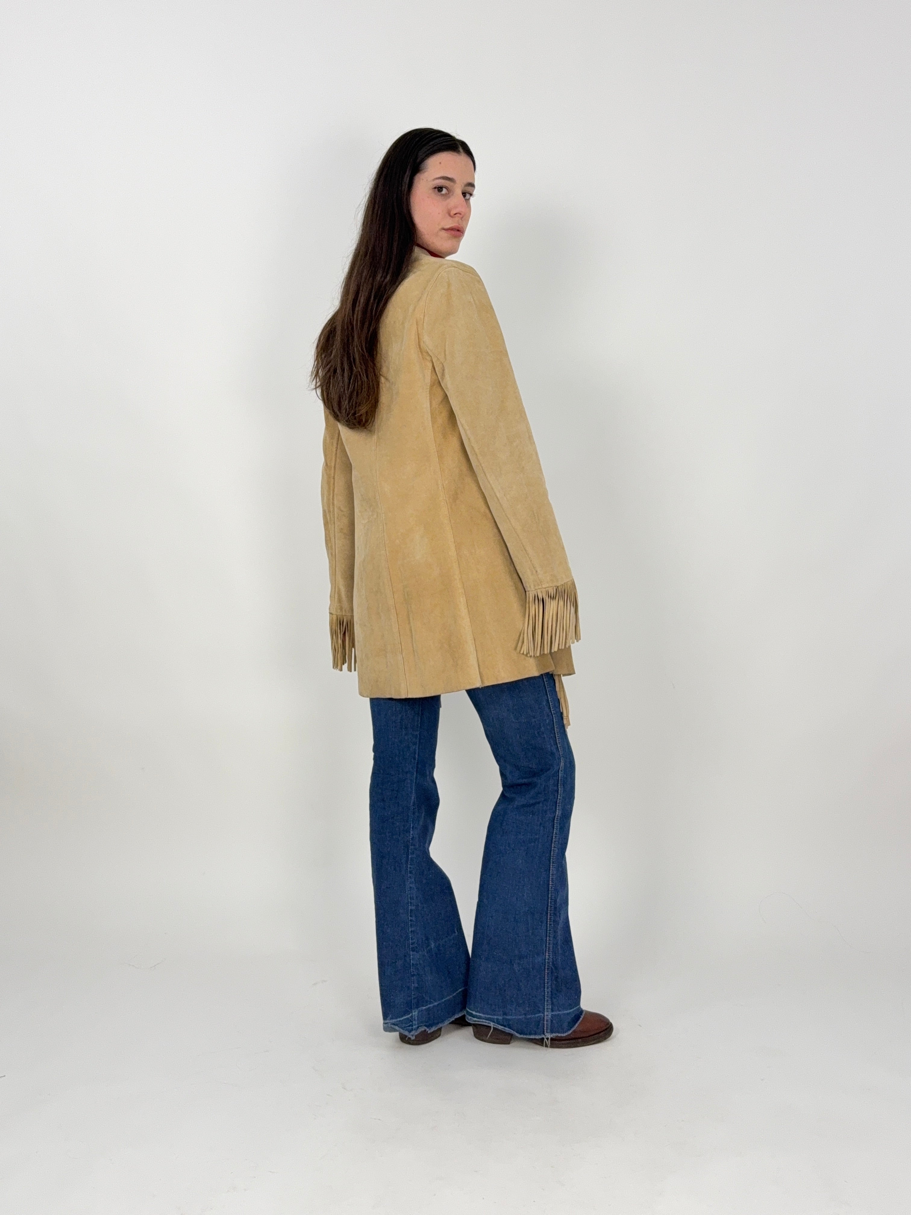 Giacca vintage in pelle con frange beige western