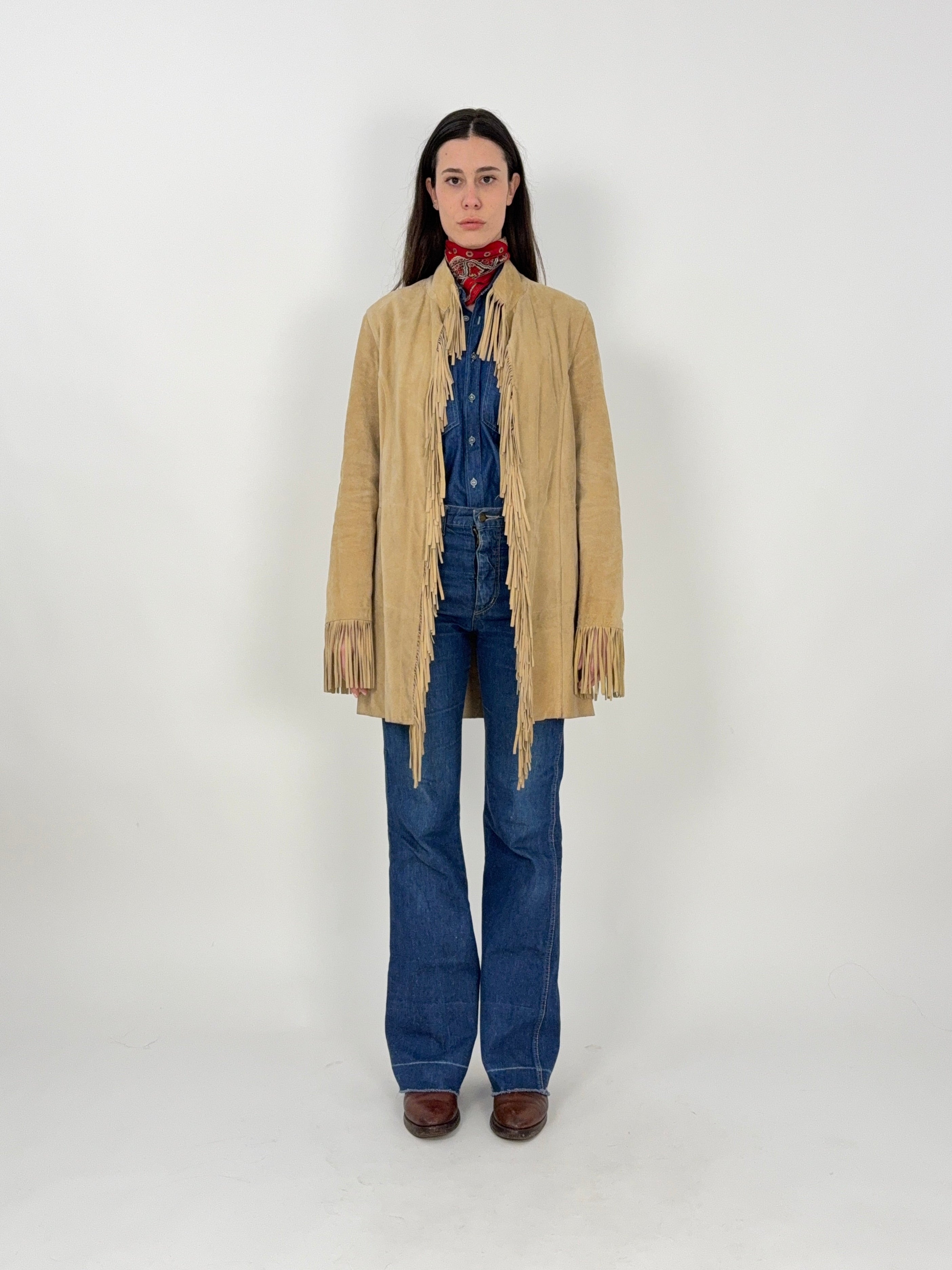 Giacca vintage in pelle con frange beige western