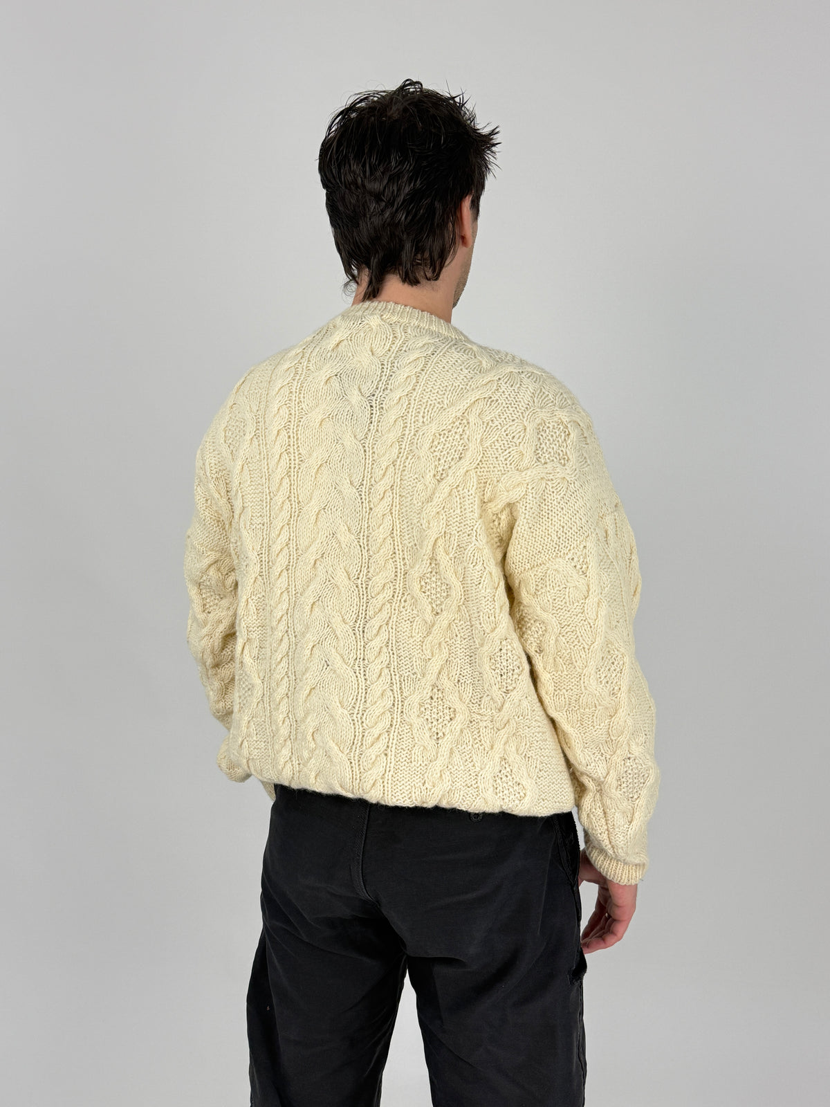 Maglione vintage Abilene crema a trecce Aran - retro indossato, dettaglio lavorazione cable knit