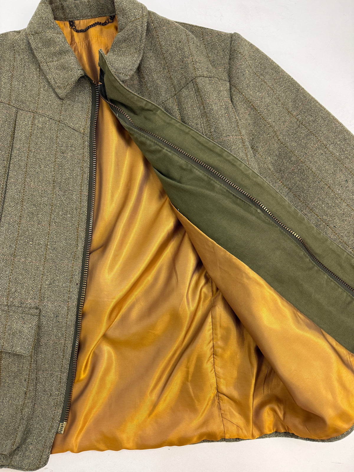 Giacca Vintage Tweed Lana Trapuntata Verde Oliva con Cintura - Taglia L
