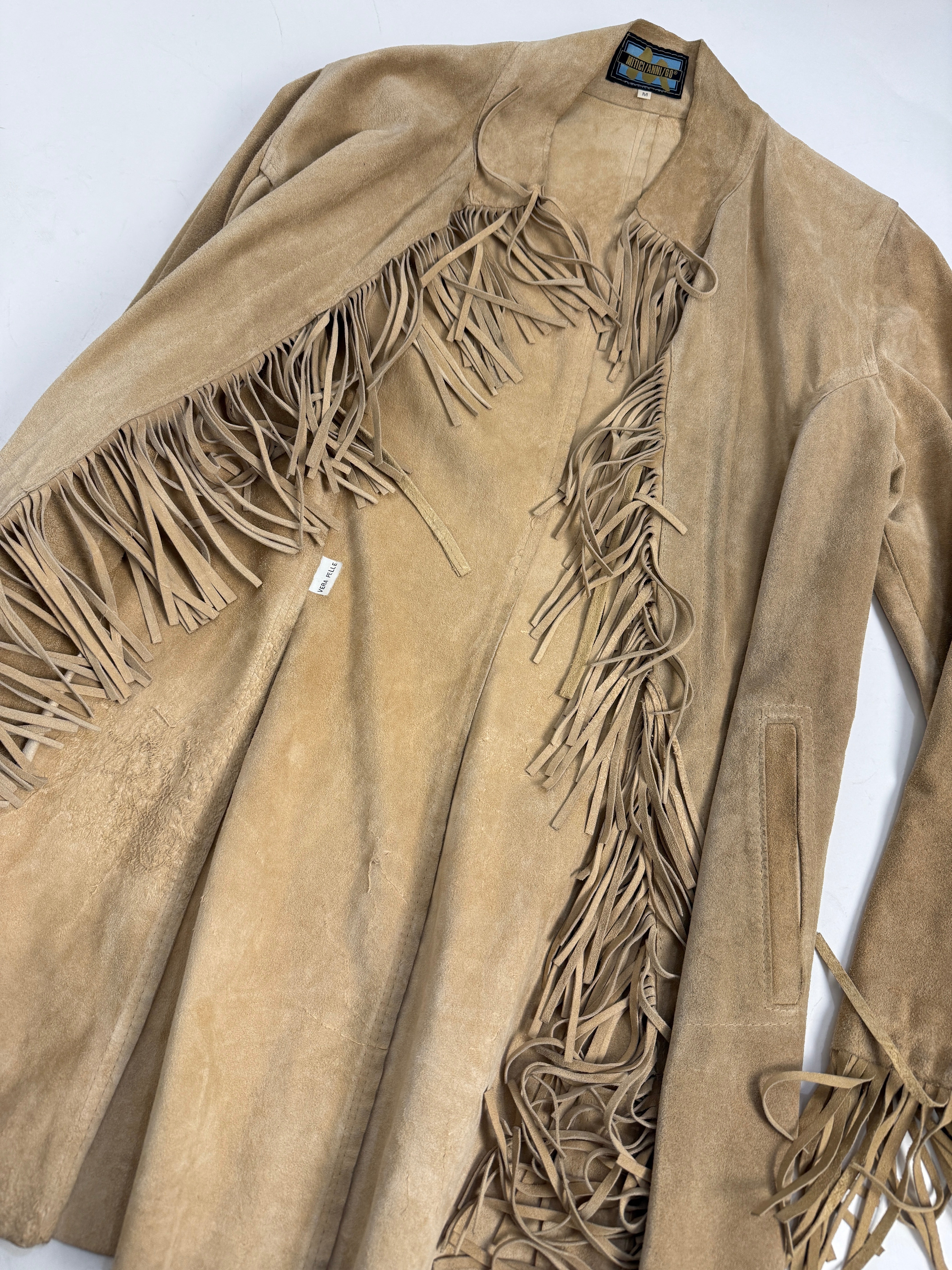 Giacca vintage in pelle con frange beige western