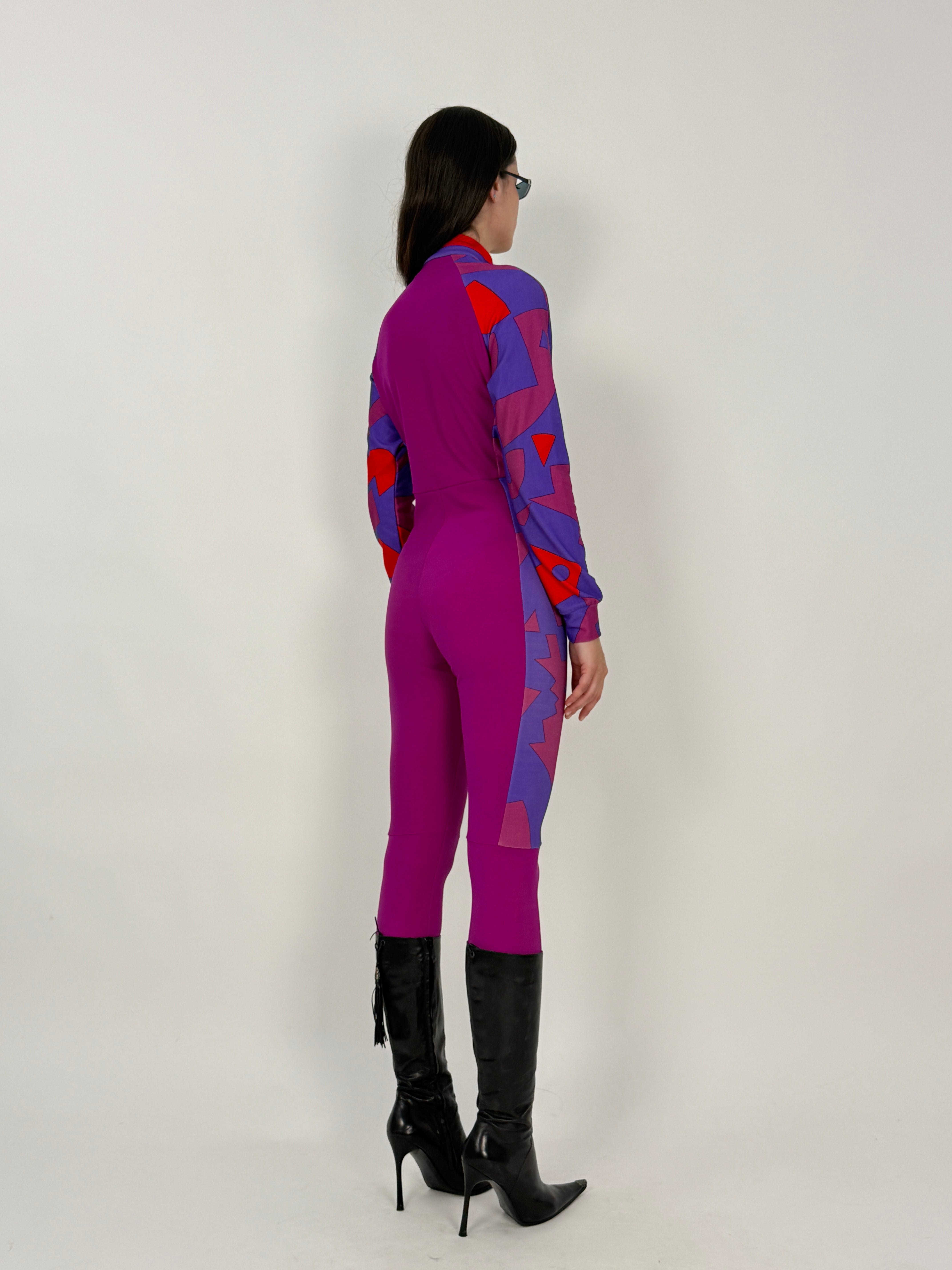 Tuta Aderente Anni '80 Fucsia con Pannelli Geometrici — Taglia M