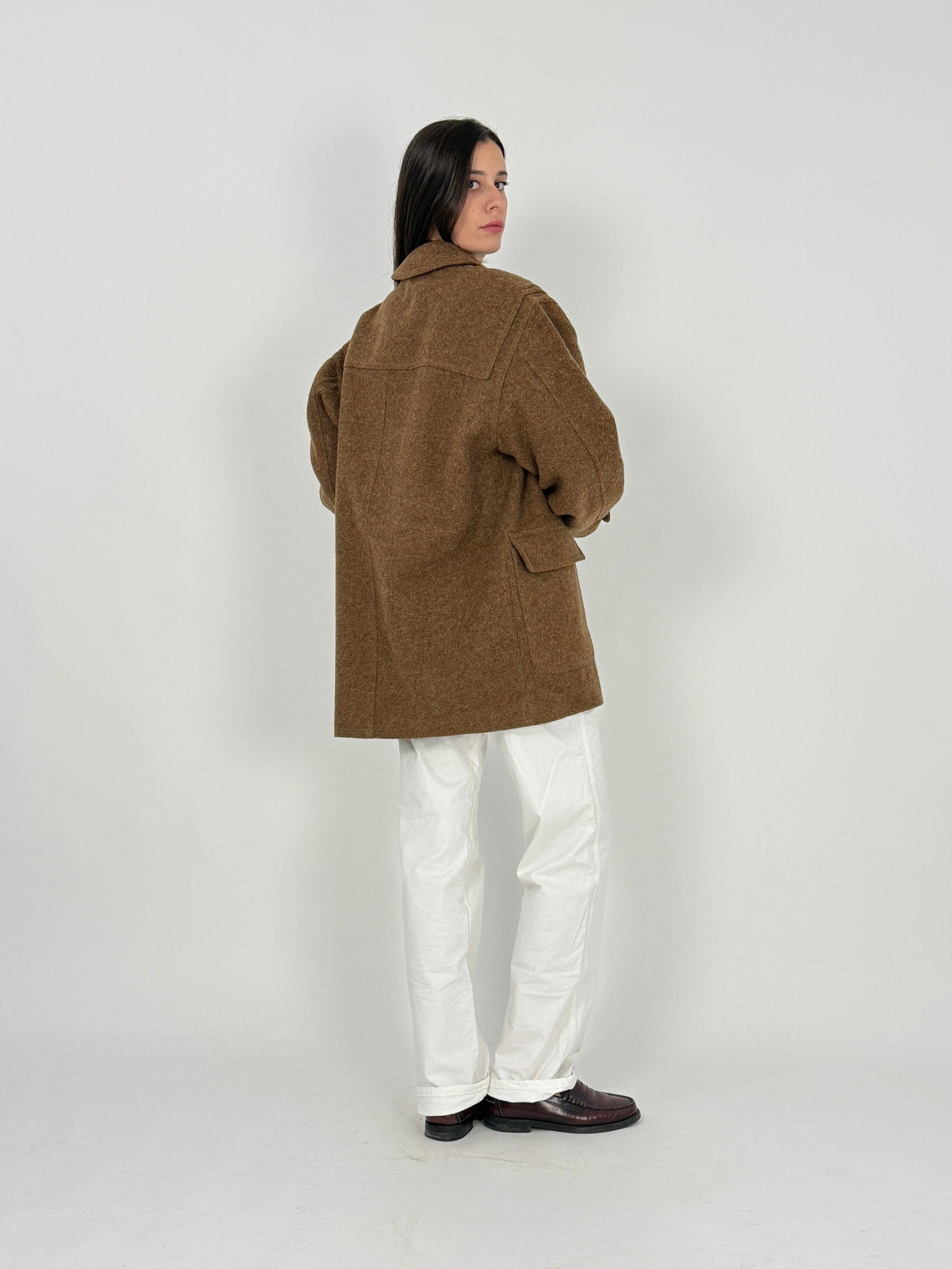 Montgomery vintage Green Fox lana tweed marrone toggle - vista frontale intera indossato chiuso
