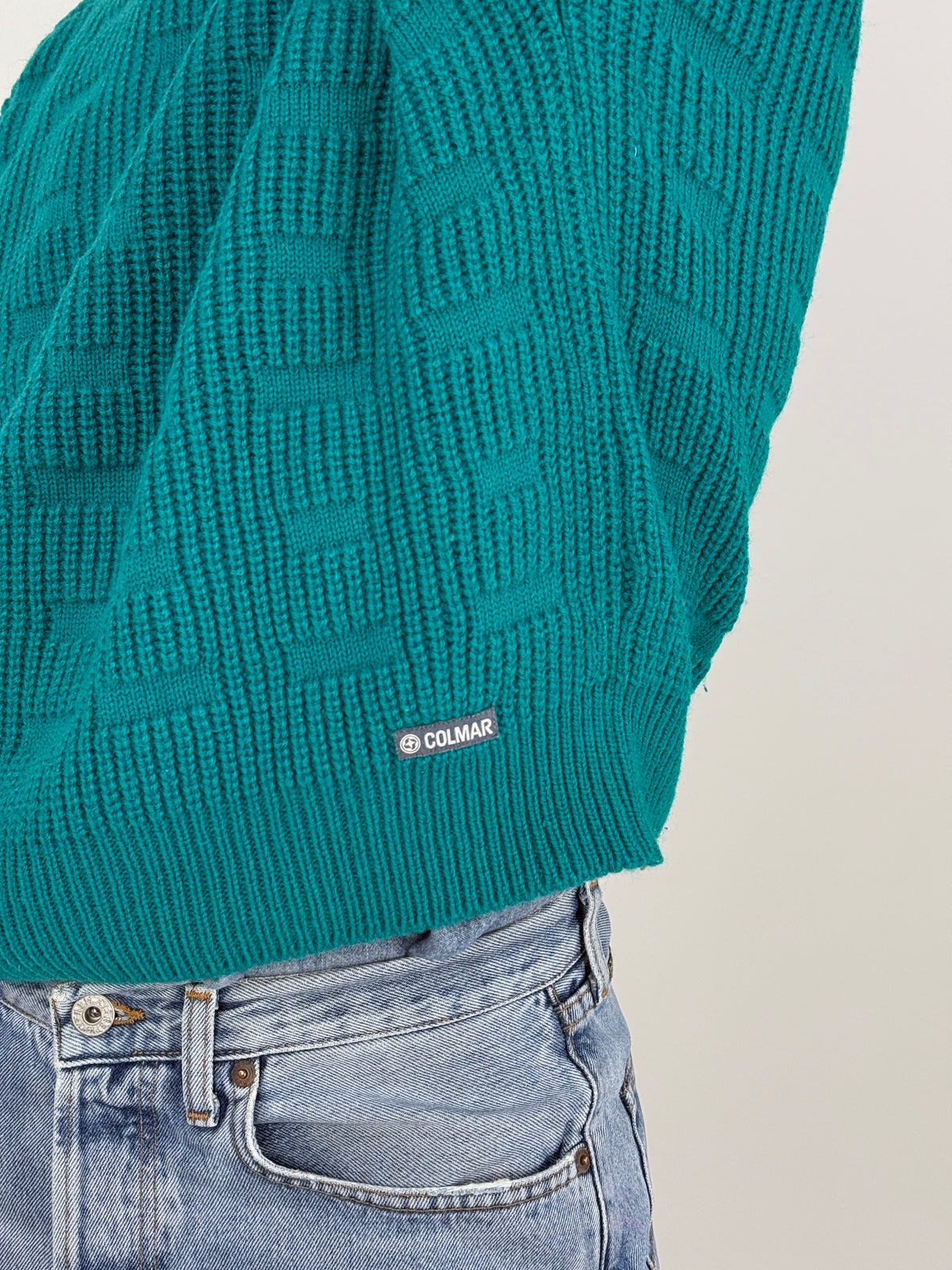 Maglione Colmar - retro indossato, verde teal uniforme, silhouette relaxed boxy taglia M, punto strutturato tono su tono