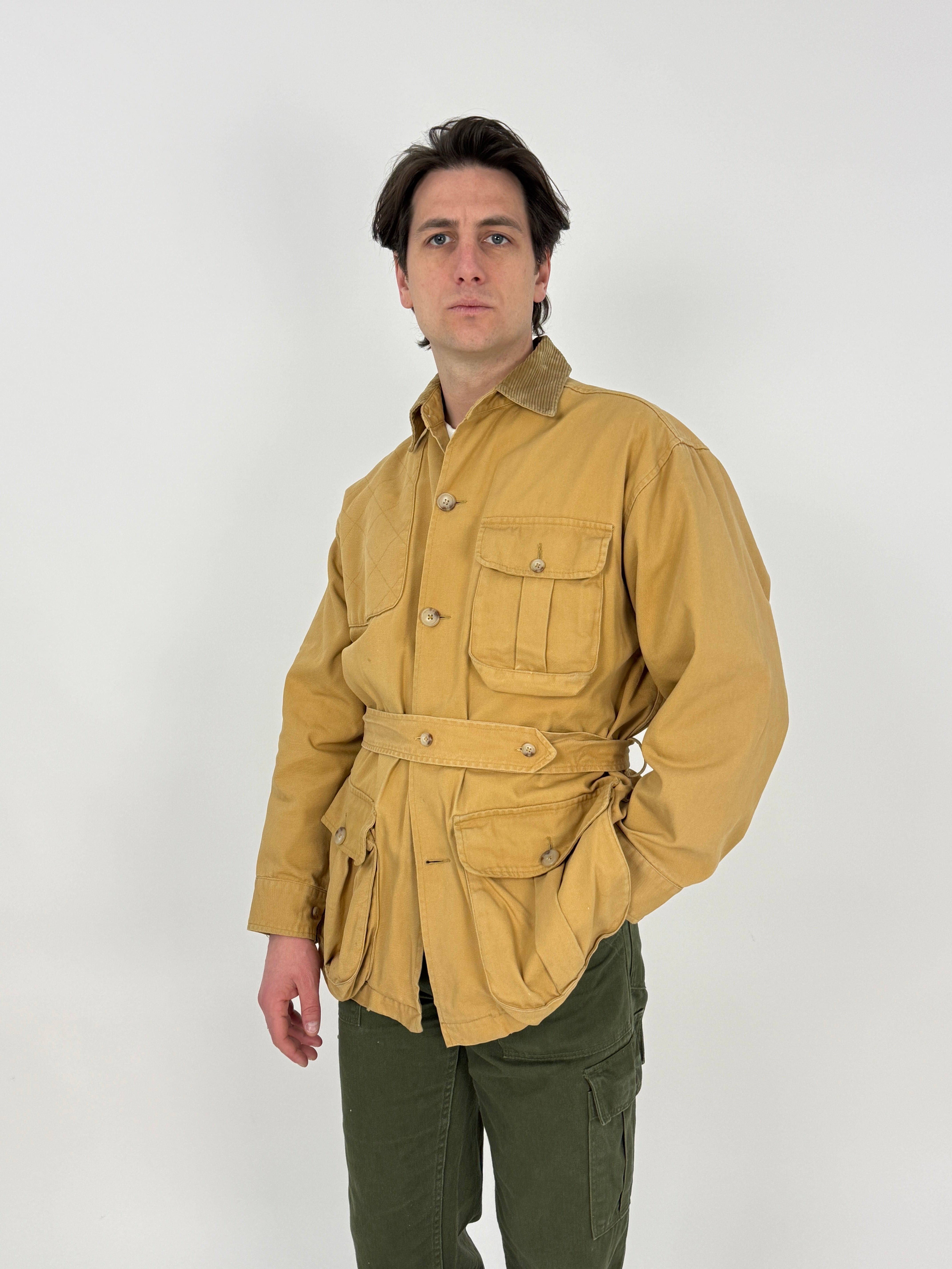 hunting jacket ralph lauren da uomo colore senape con tre tasche e cintura in vita