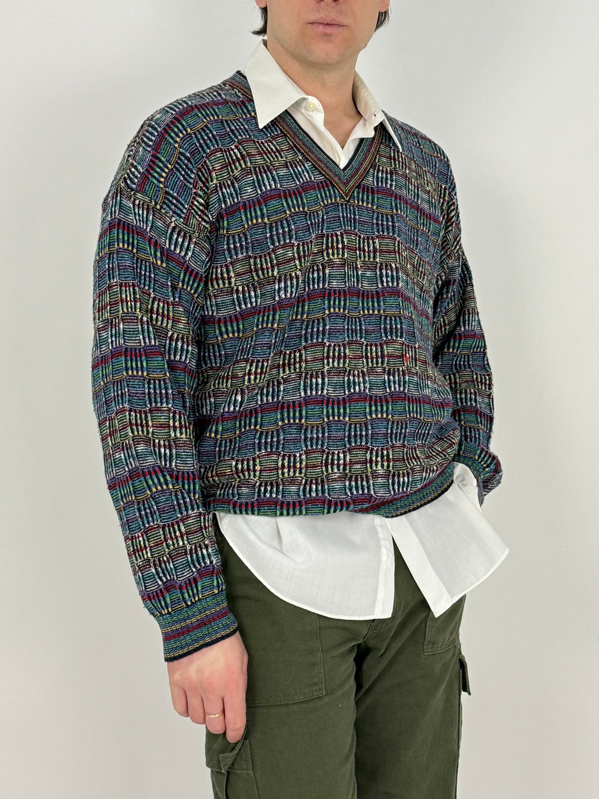 maglione college by mamarcazzani filato intrecciato multicolore manica lunga e scollo a v