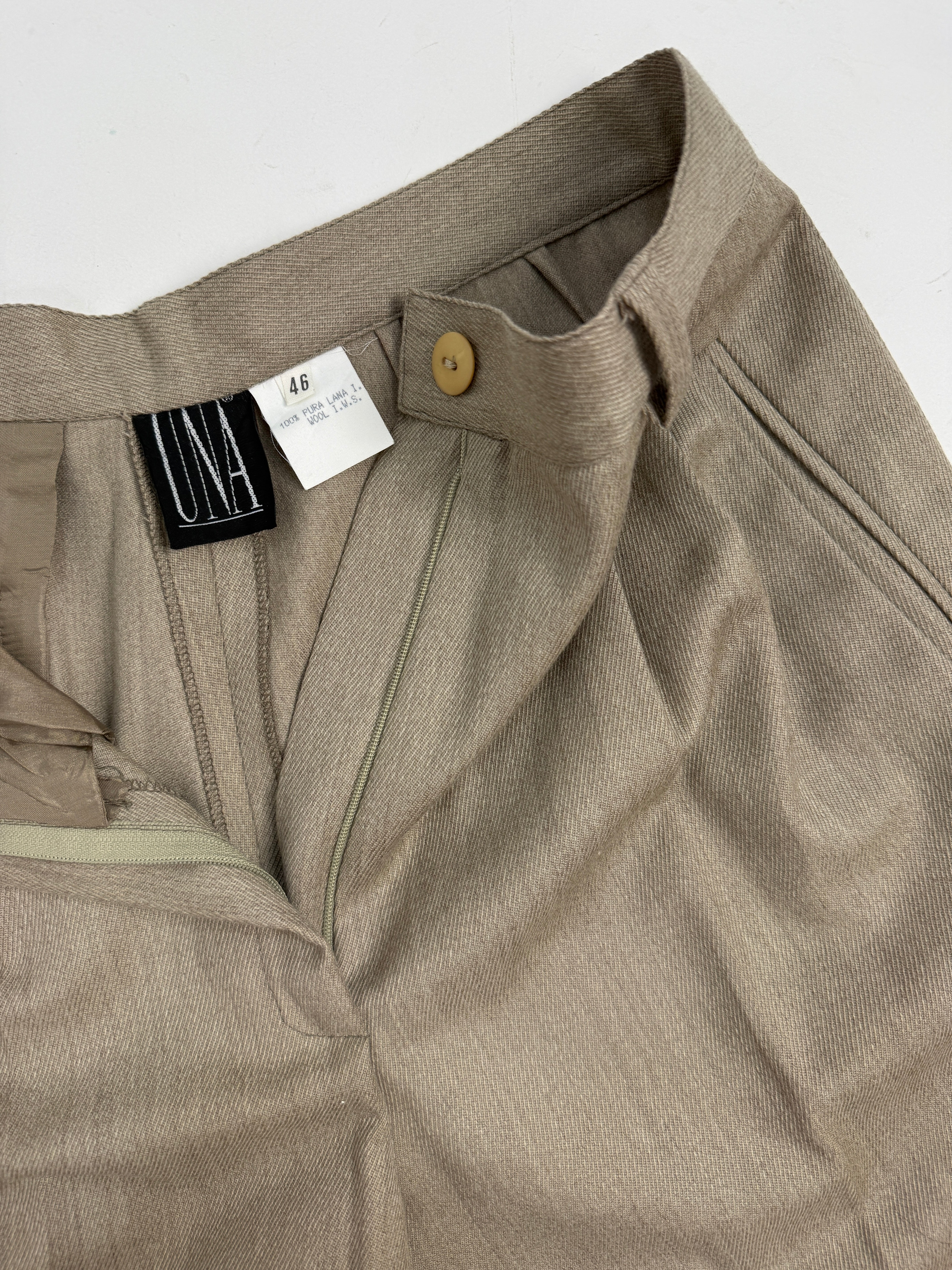 Pantaloni con Doppie Pince in Pura Lana Beige Anni '80 - Taglia 44