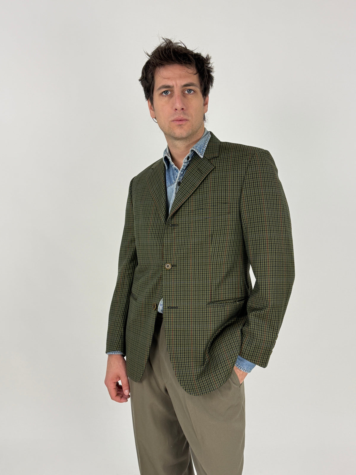 Giacca Forester vintage in lana verde e marrone, vista frontale