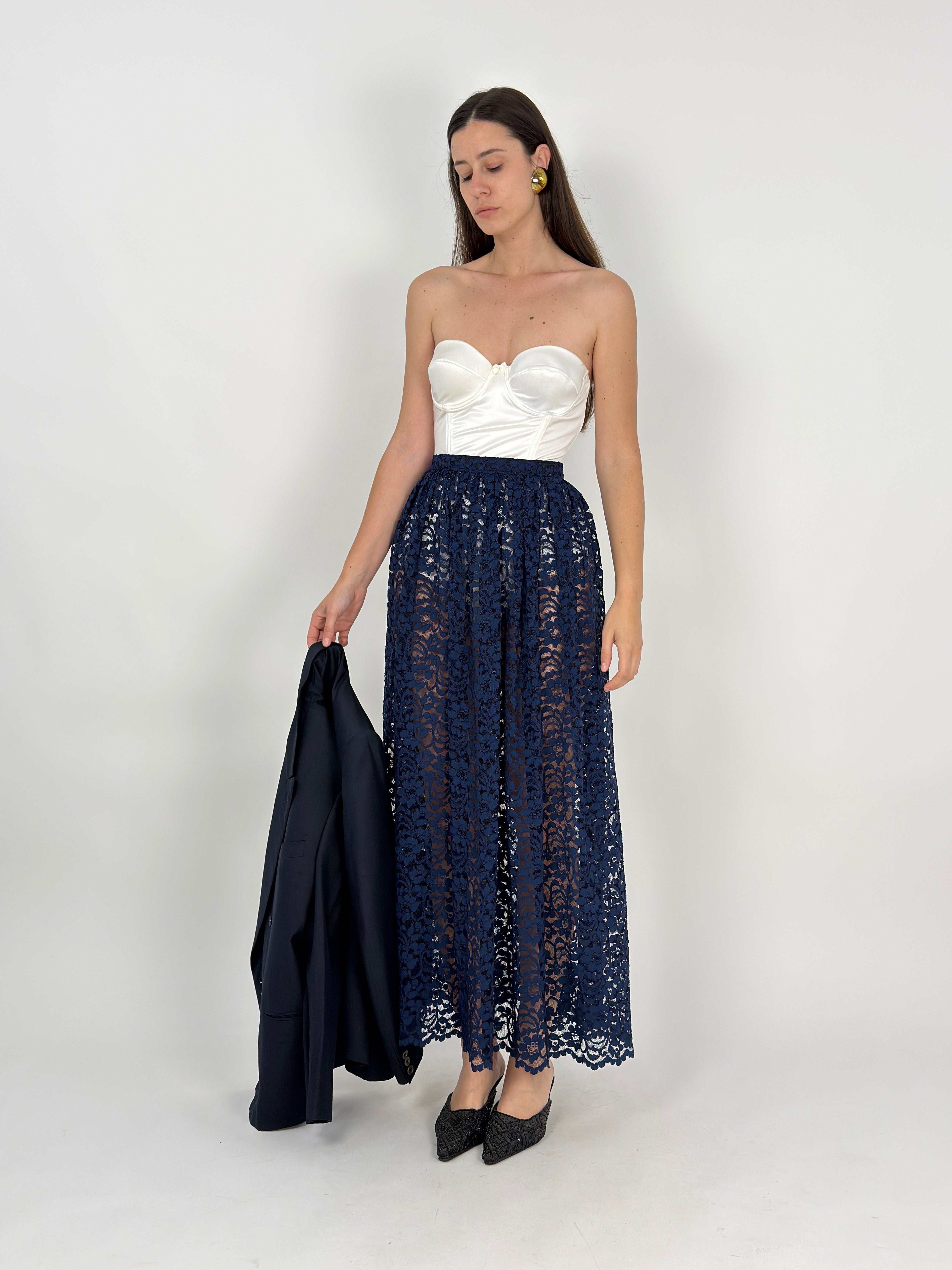 Gonna lunga in Pizzo Macramé Floreale Blu Navy Vintage - Taglia 40/S