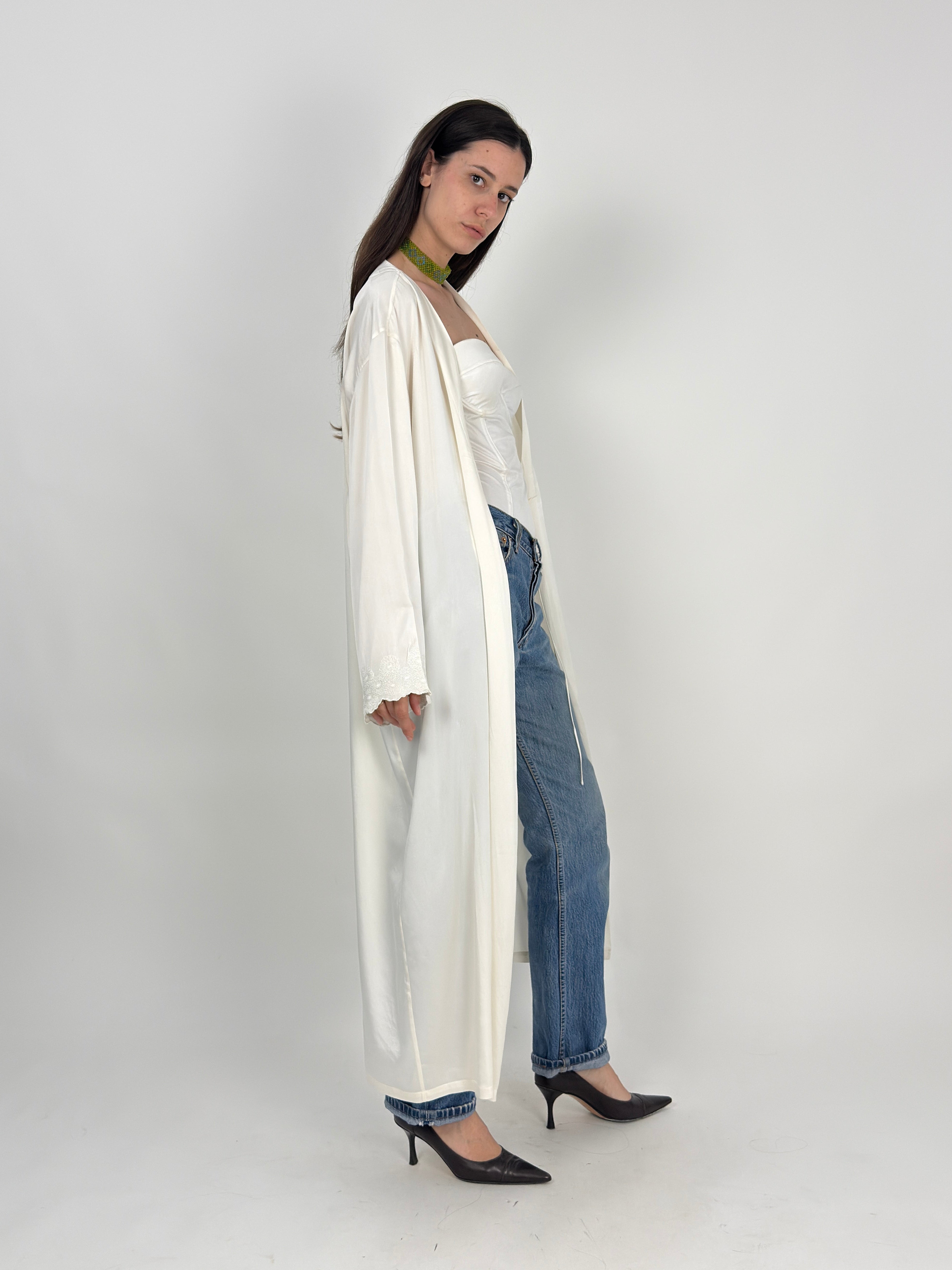 Vestaglia Kimono Pura Seta Avorio con Pizzo Ricamato - Taglia L