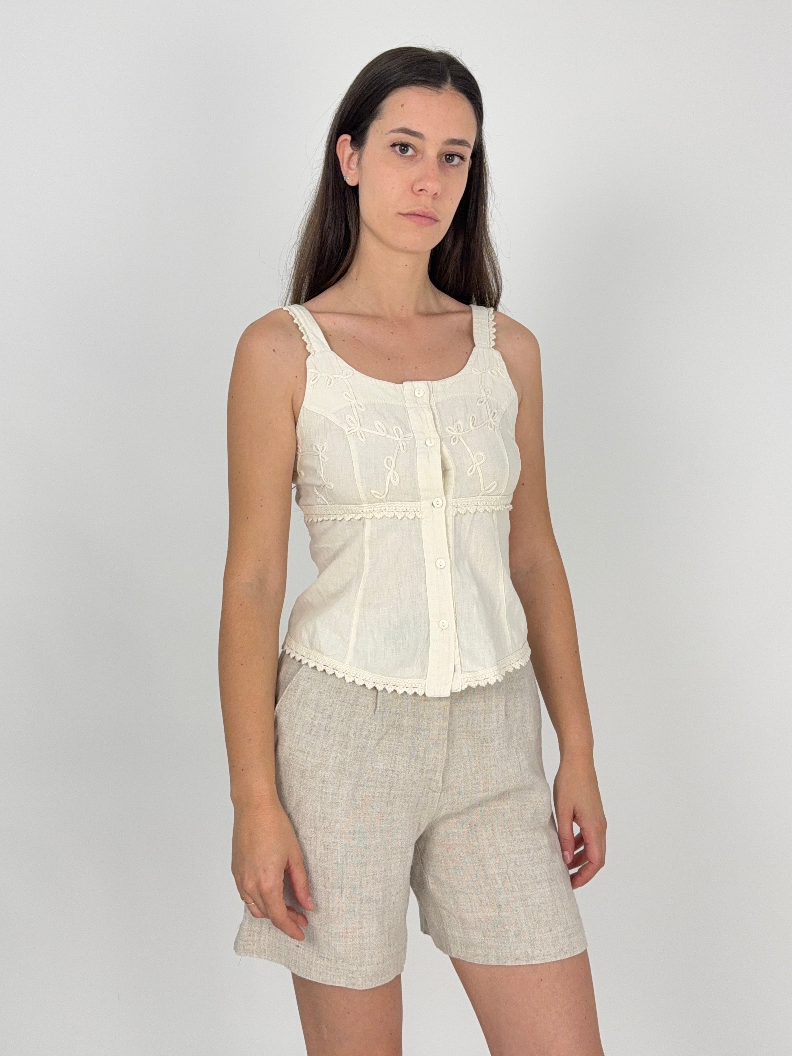 top in cotone grezzo beige da donna con ricami