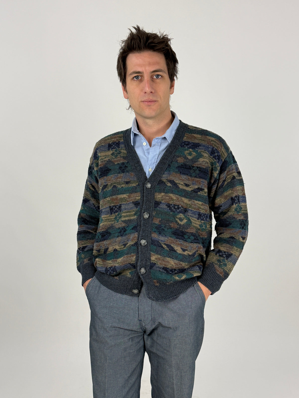 Cardigan Youngline vintage verde e blu, vista posteriore