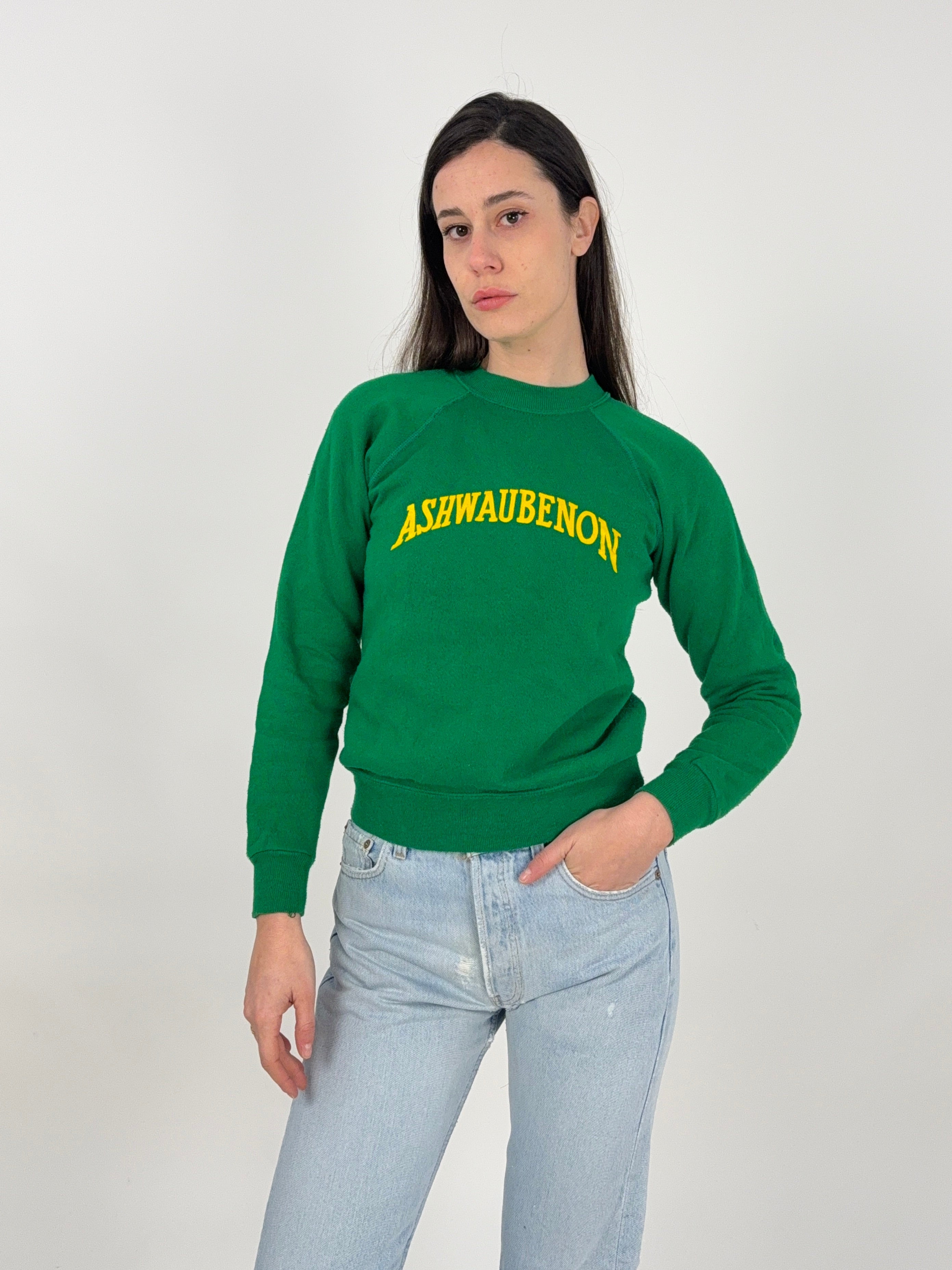 felpa americana in cotone verde con scritta gialla vintage