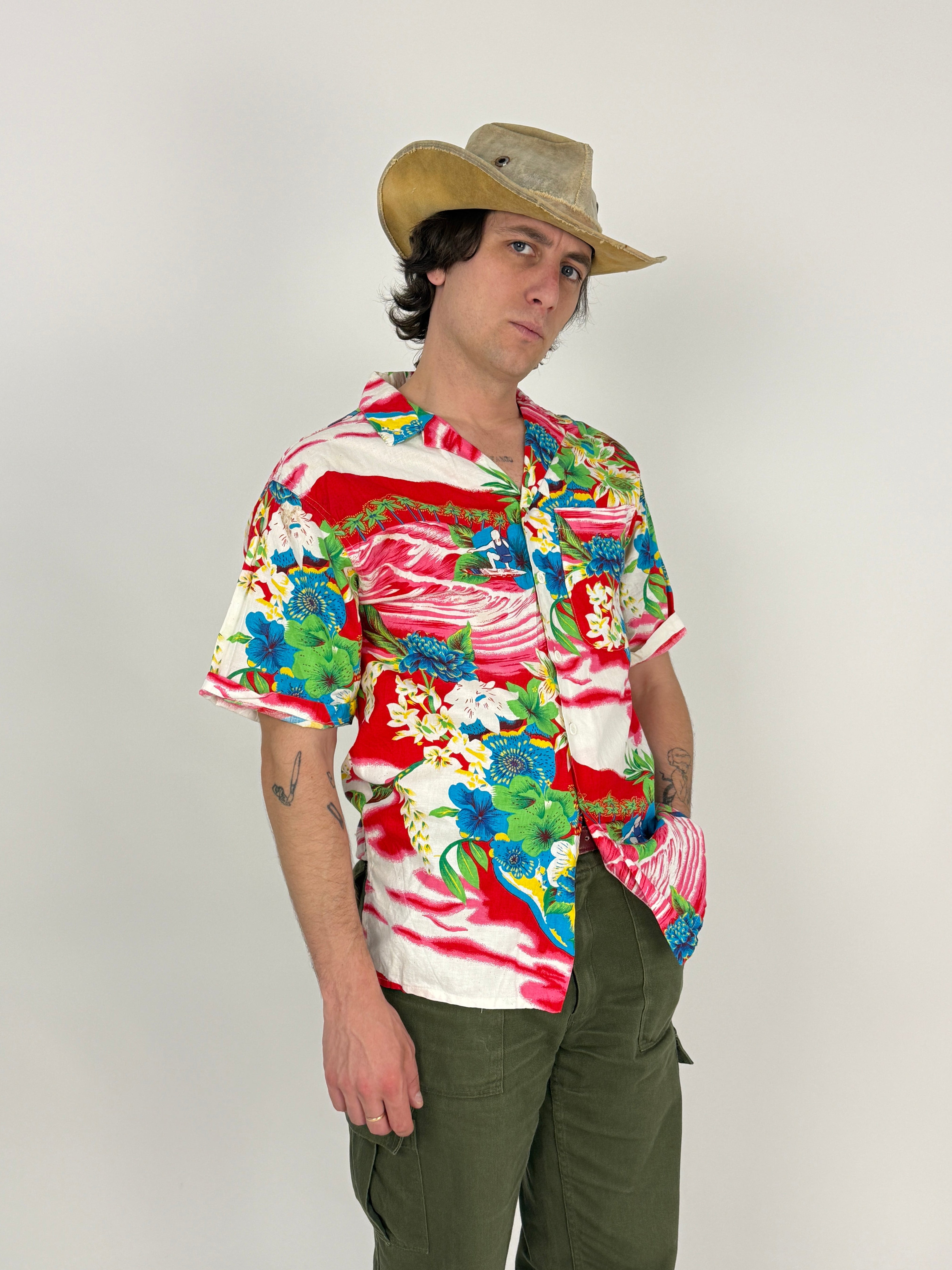 Camicia Hawaii Anni '80 Cotone  Floreale Tropicale - Taglia M