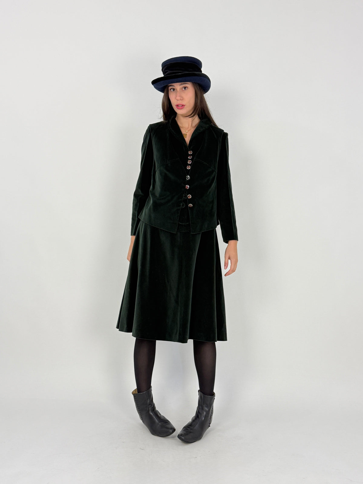 Completo Sartoriale Anni '70 Abito e Gilet Velluto Verde Pino - Taglia 44