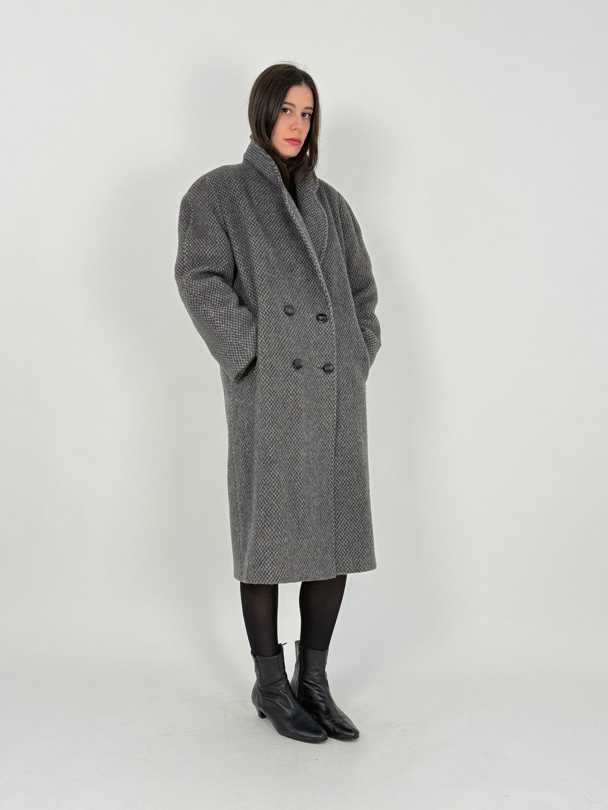 Cappotto Anni '80 Lana di Lama Spinato Grigio - Taglia L