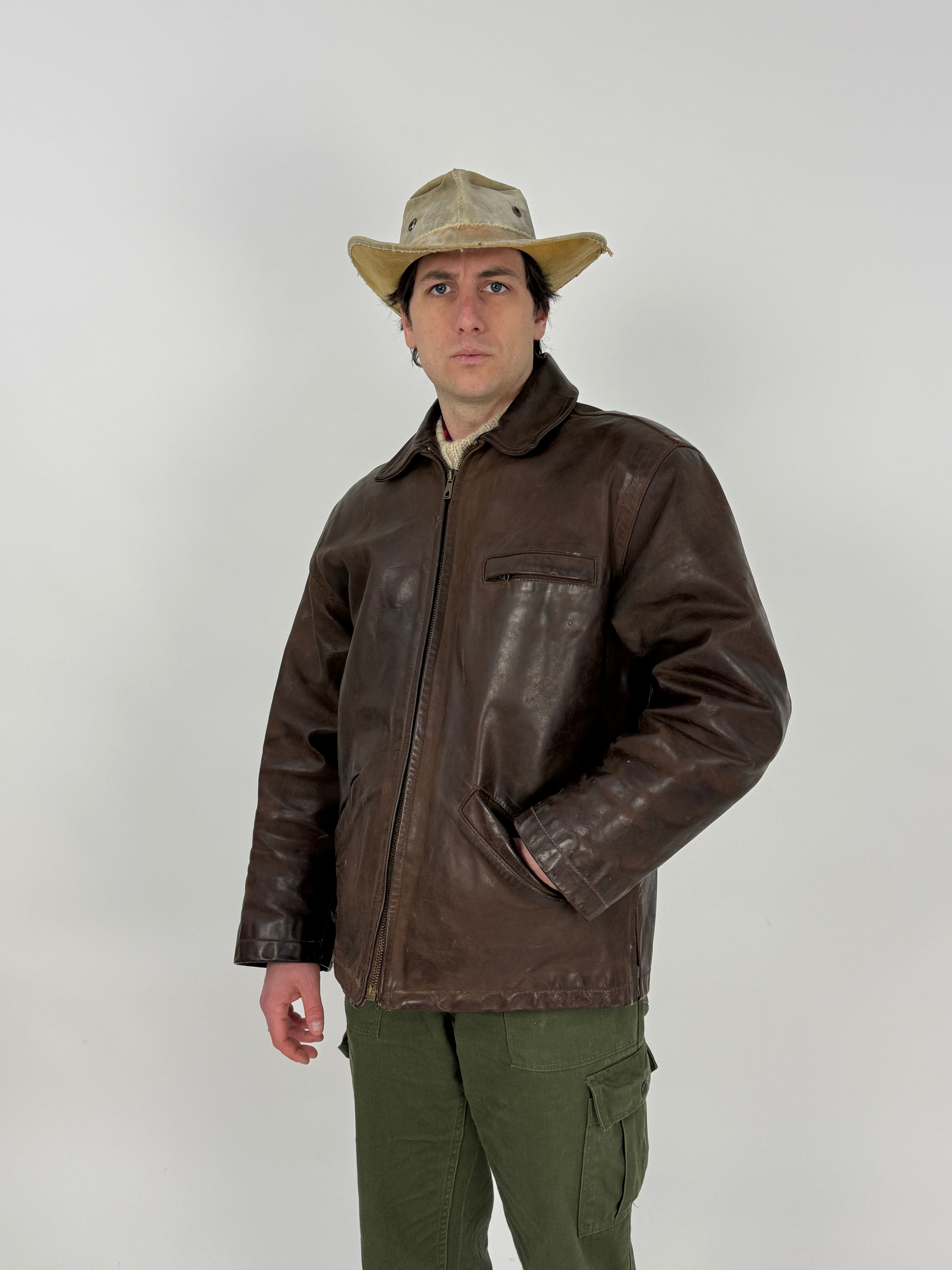 Giacca in Pelle Vintage interno trapuntato - taglia L