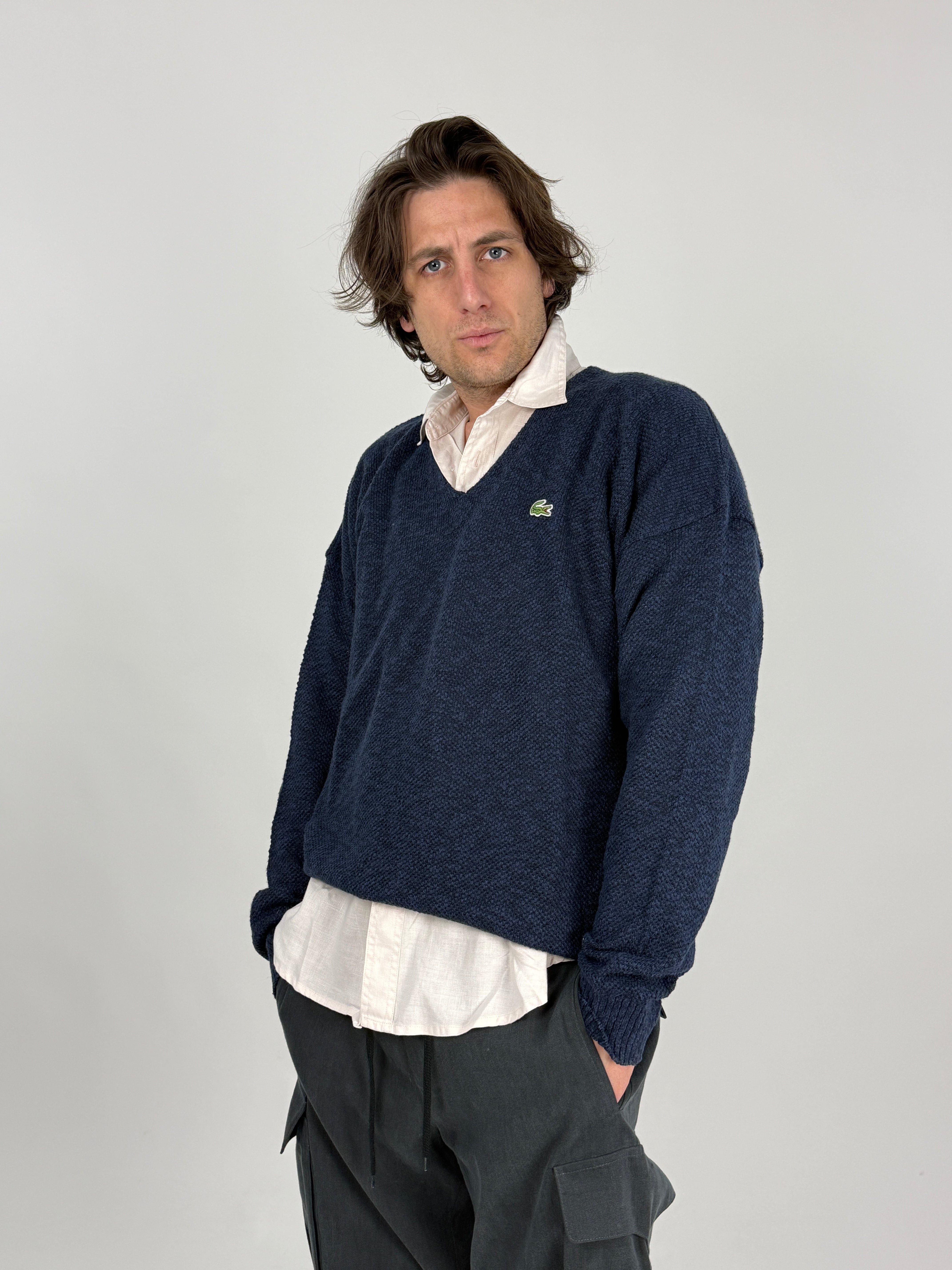 Maglione Vintage Lacoste Made in France Blu Navy Scollo a V - Taglia L