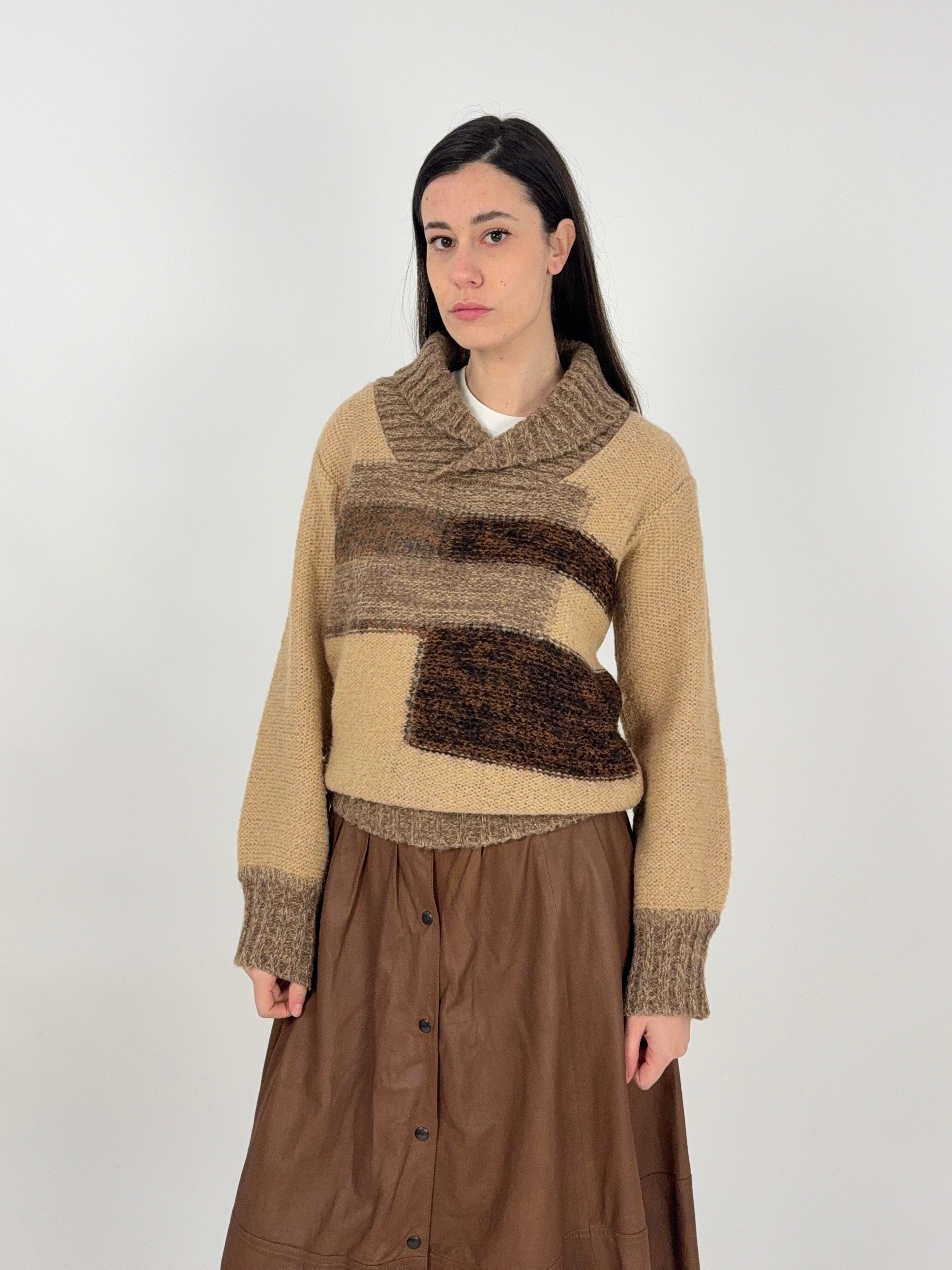 maglione la squadra anni '70 in lana marrone da donna con scollo a v e reverse