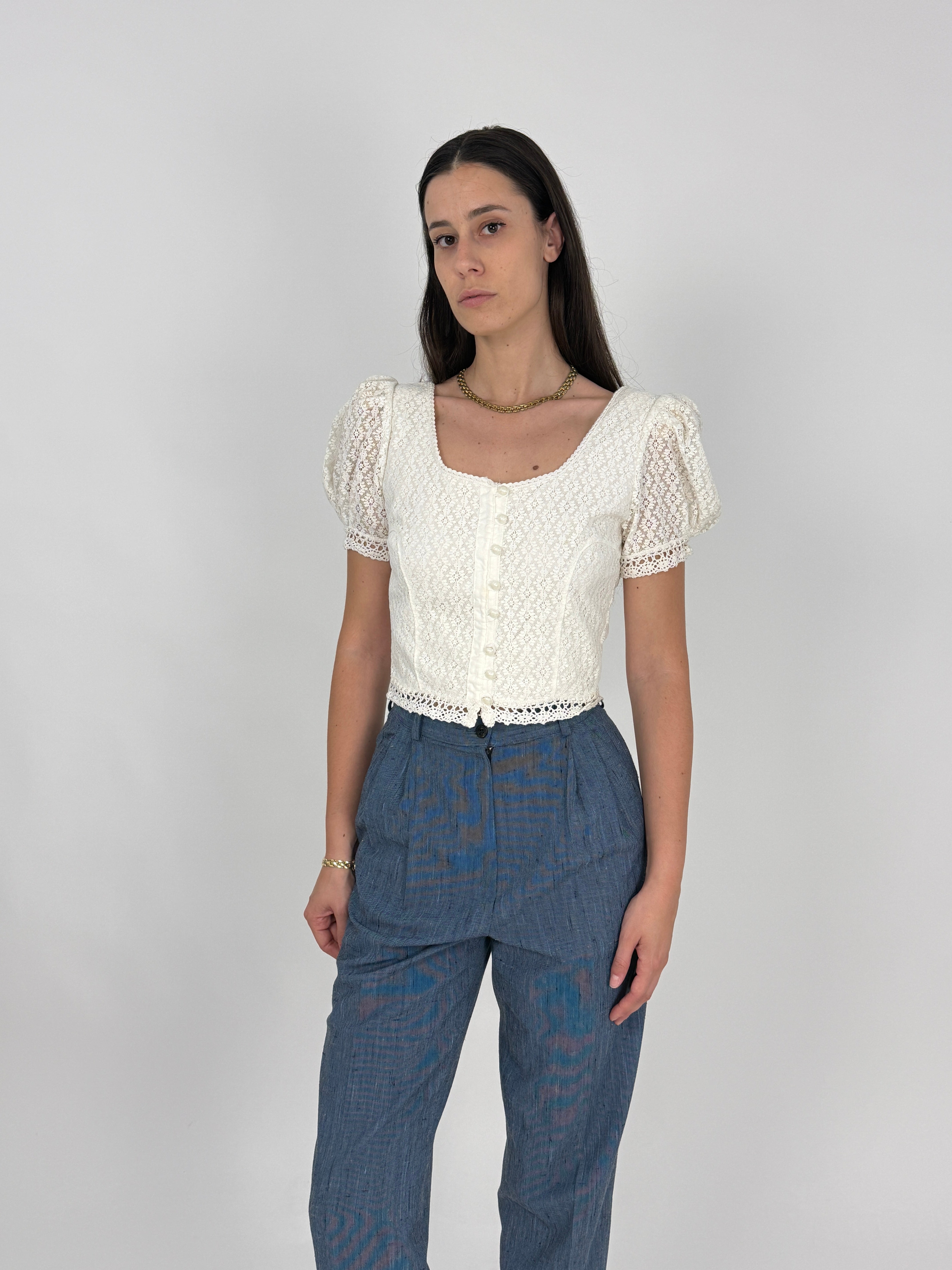 Top Crop Vintage Pizzo Macramé Bianco - Taglia M