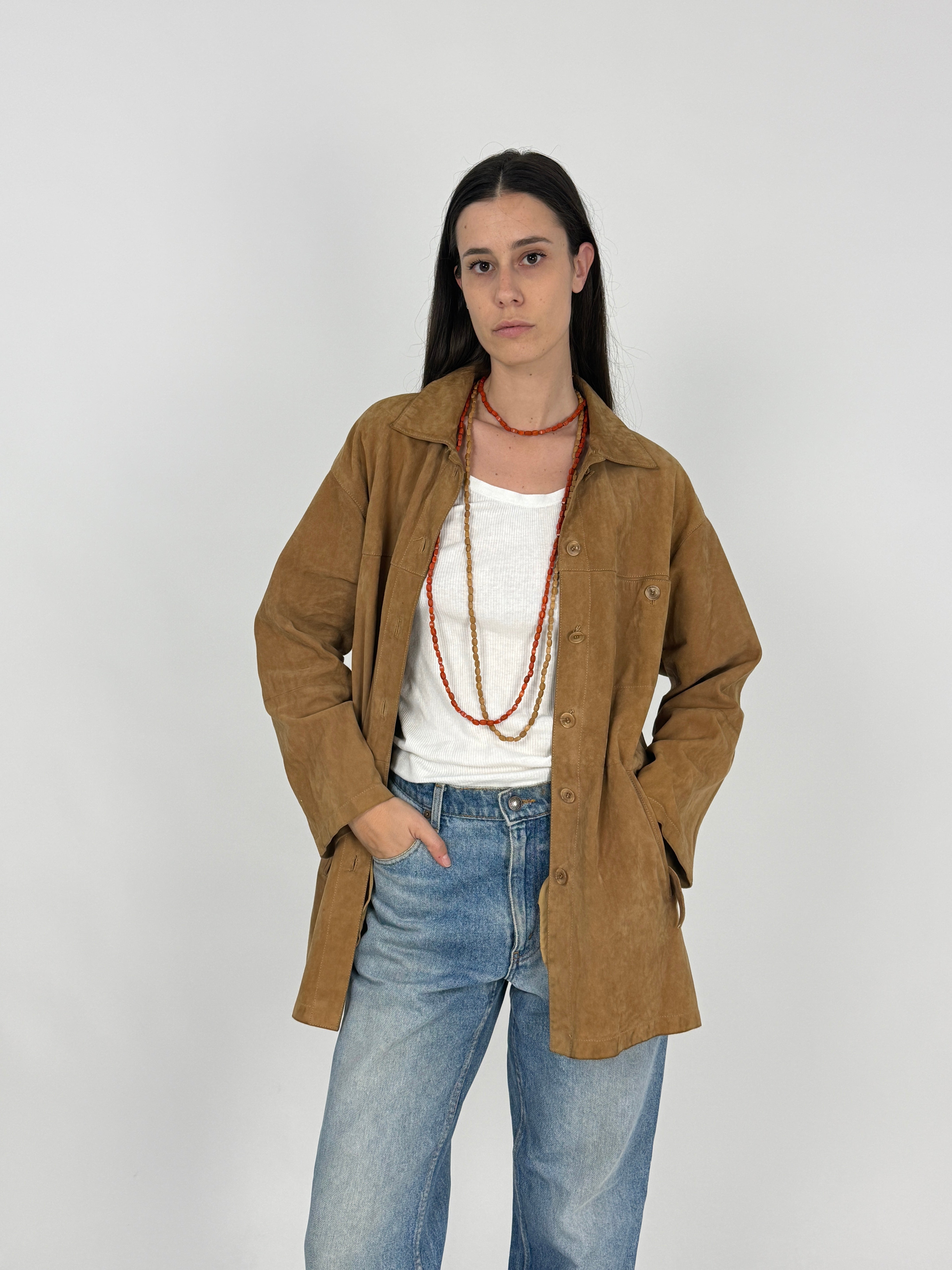 Giacca Vintage Camoscio Naturale con Cintura - Taglia L