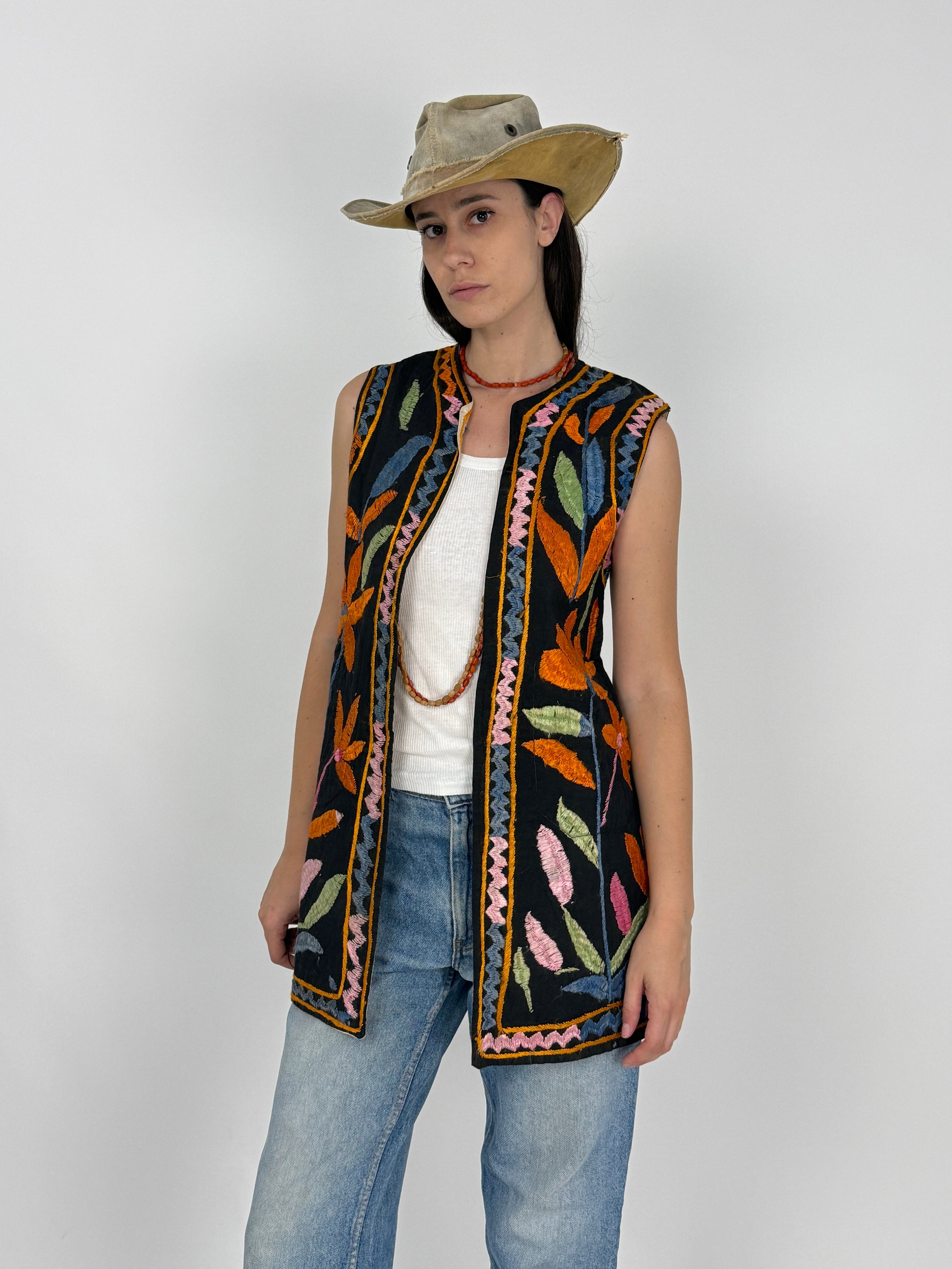 Gilet Artigianale Reversibile Ricamo a Mano Botanico Anni '60/'70 - Taglia M/L