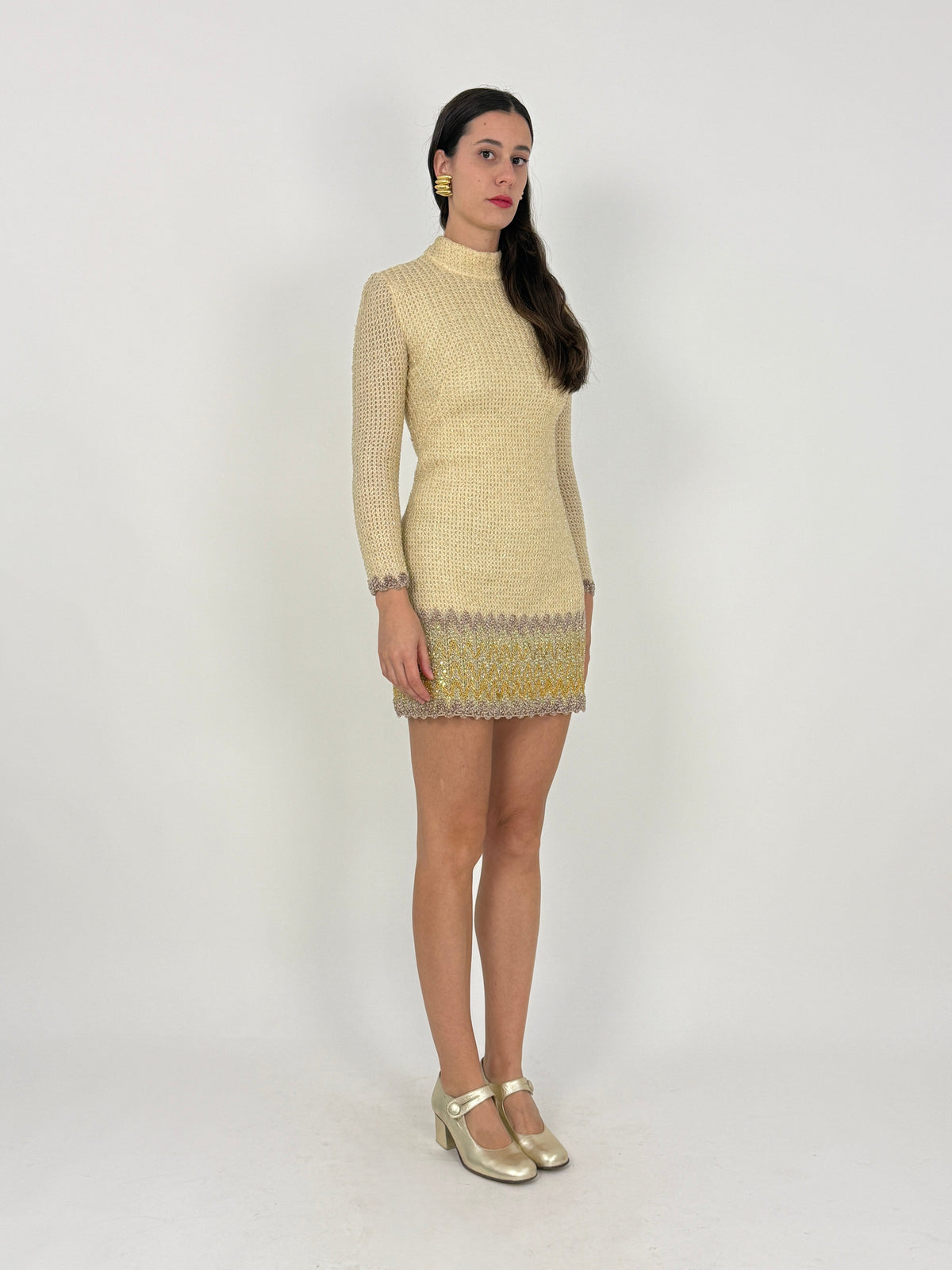 Abito Mini Anni '70 Maglia Lurex Dorata con Paillettes - Taglia S