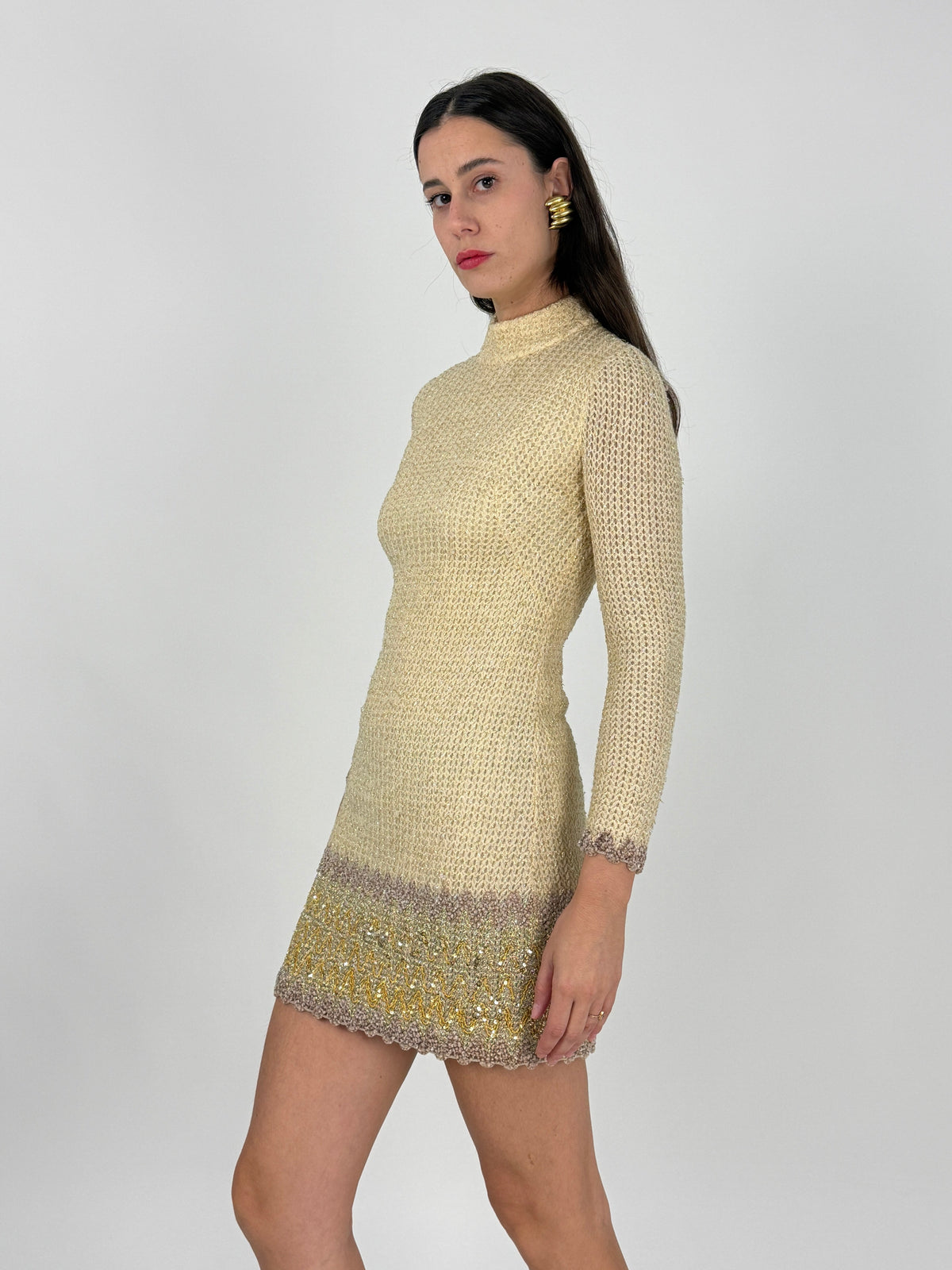 Abito Mini Anni '70 Maglia Lurex Dorata con Paillettes - Taglia S