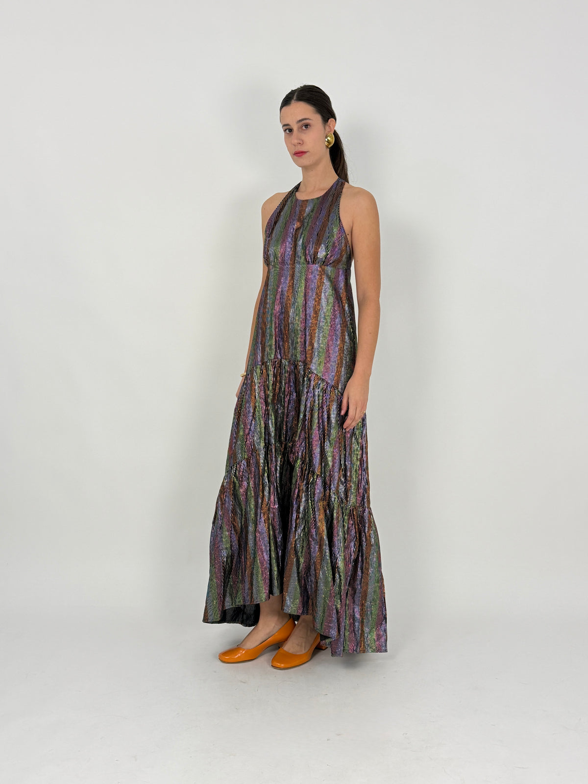 Abito Lungo in Lurex a Righe Multicolore - Taglia M